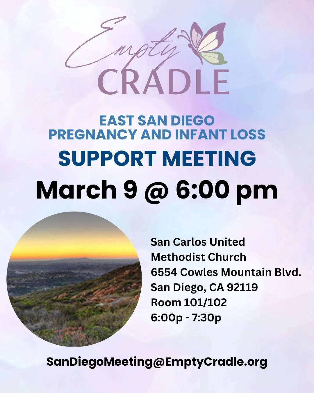 Please join us for our East County/Central San Diego Empty Cradle Support Meeting tonight, Monday, March 9 from 6:00 - 7:30 pm.  The meeting is held at San Carlos United Methodist Church at 6554 Cowles Mountain Blvd San Diego in room 101/102. Room 10