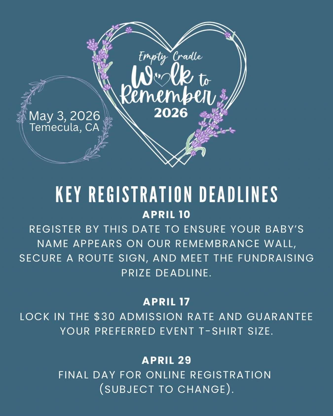 The Countdown to Our 2026 Walk to Remember Has Begun! 
Join us on Bereaved Mother&rsquo;s Day, Sunday, May 3, 2026, for the 2026 Walk to Remember&mdash;a heartfelt event honoring babies gone too soon. Together, we walk to support grieving parents, ra