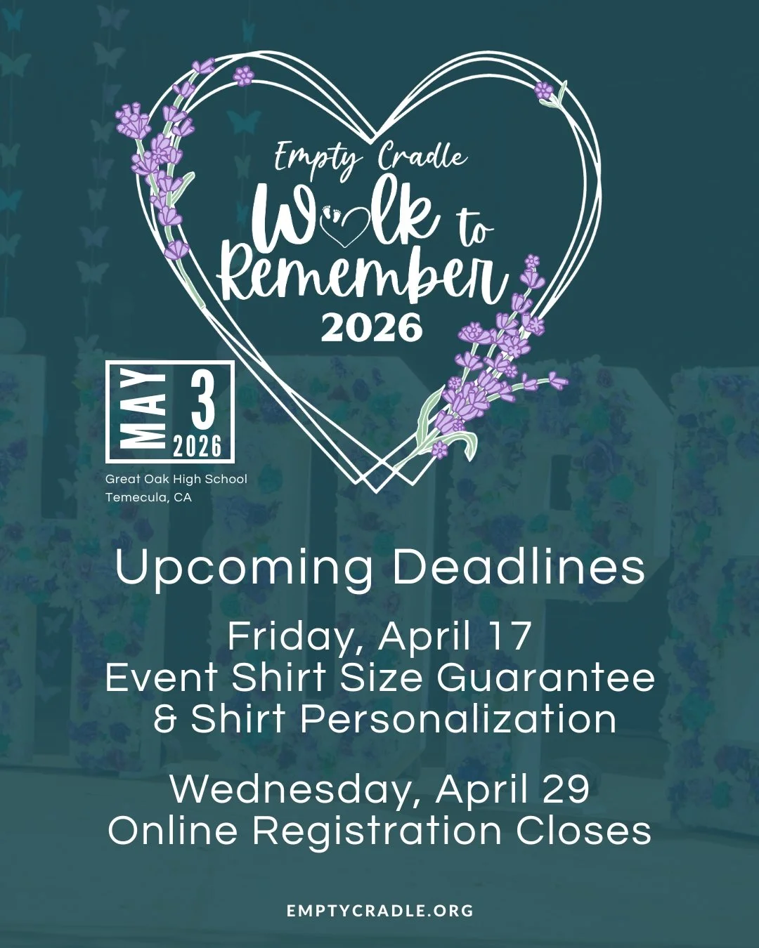 Don&rsquo;t miss your chance to be part of something meaningful 💜
Join us for the Empty Cradle Walk to Remember 2026 as we come together to honor and remember our babies, support one another, and walk in love and remembrance.
🗓 Important Deadlines: