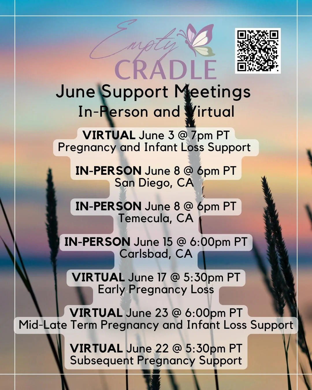 Join us for our June Support Meetings. We have 3 in-person meetings (Temecula, San Diego &amp; Carlsbad) and 4 virtual support meetings this month. #SupportMeetings 
Please continue to check our website for support meeting updates! 
https://www.empty