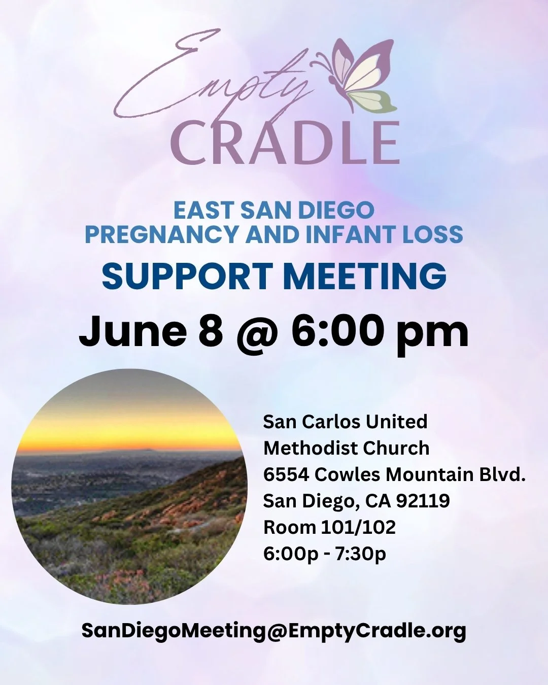 Please join us for our East County/Central San Diego Empty Cradle Support Meeting tonight, Monday, June 8 from 6:00 - 7:30 pm.  The meeting is held at San Carlos United Methodist Church at 6554 Cowles Mountain Blvd San Diego in room 101/102. Room 101