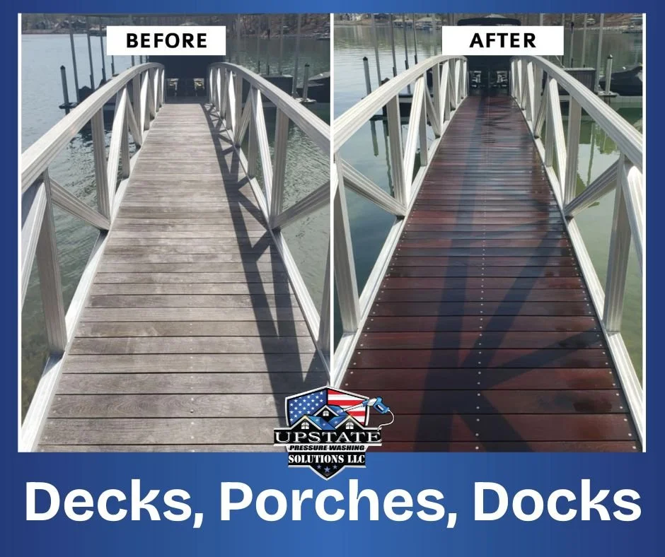 Before and after images of docks/porches/decks and wood restoration for Upstate Pressure Washing Solutions located in Upstate SC.