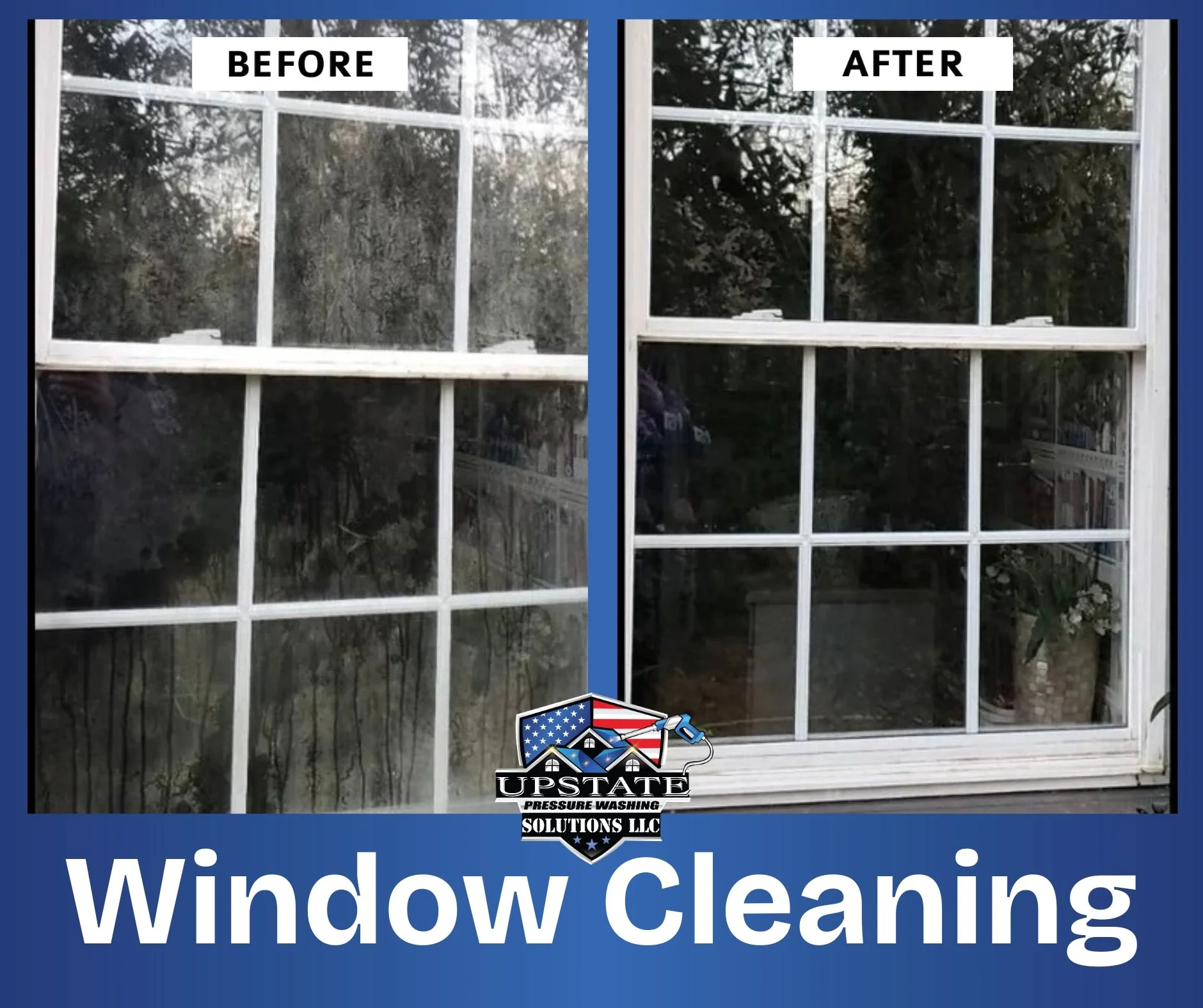 Before and images of window cleaning for Upstate Pressure Washing Solutions located in Upstate SC.