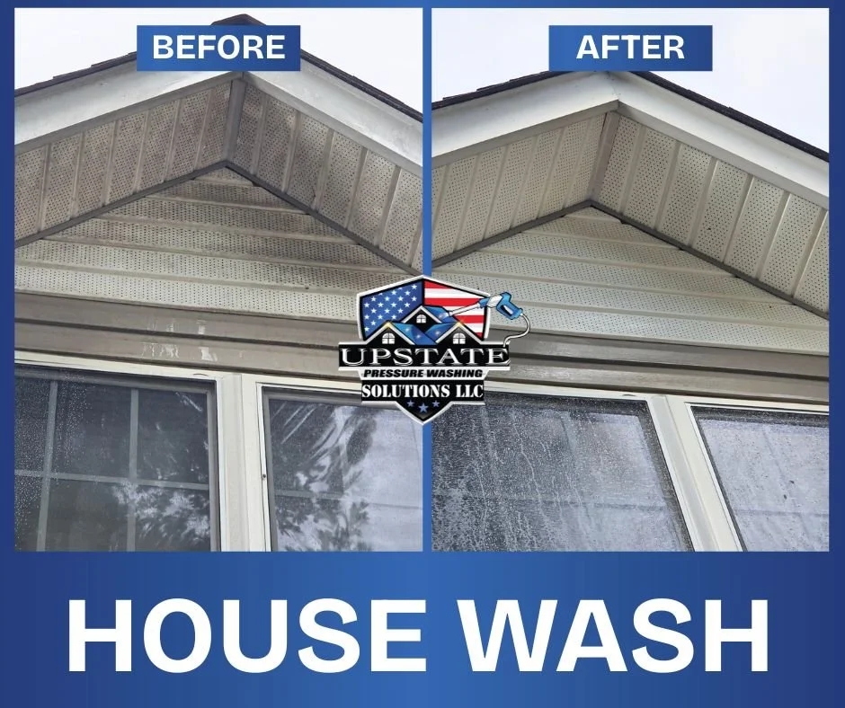 Before and after images of an exterior house wash for Upstate Pressure Washing Solutions located in Upstate SC.