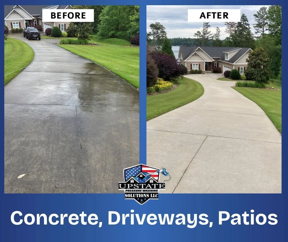 Before and after images of a driveway/patio/concrete cleaning for Upstate Pressure Washing Solutions located in Upstate SC.