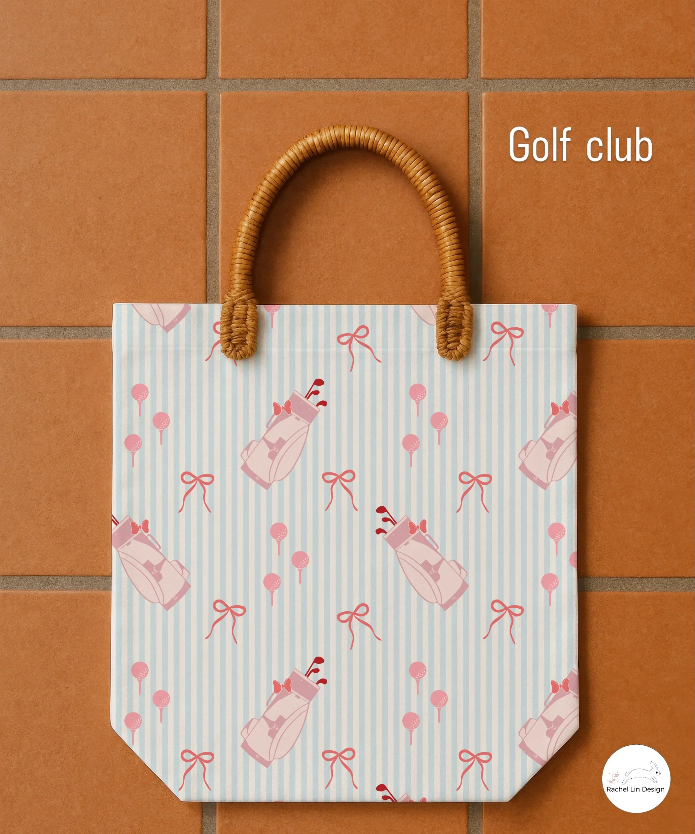 Bows on the green. 🎀⛳

This preppy coquette golf pattern is giving country club meets craft room &mdash; and honestly? I&rsquo;m obsessed.

Pink golf bags, bows, and clubs scattered across a soft blue stripe. Perfect for quilters, bag makers, garmen