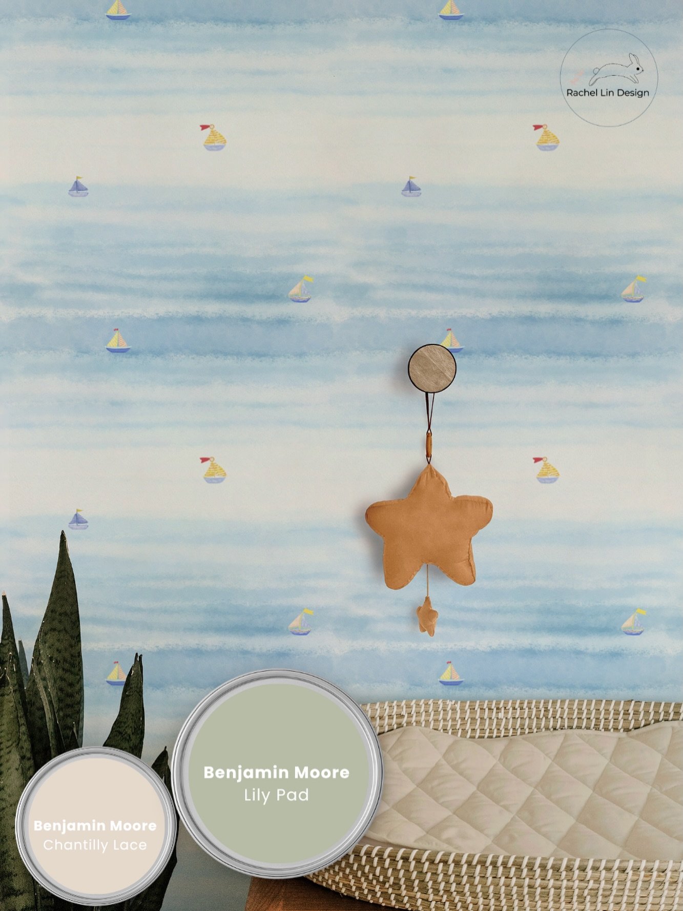 Dreamy nursery vibes incoming. ⛵

Little watercolour sailboats drifting across soft blue waves &mdash; this one is giving calm seas and sweet dreams energy.

Paired here with Benjamin Moore Chantilly Lace and Lily Pad for the softest, most serene nur