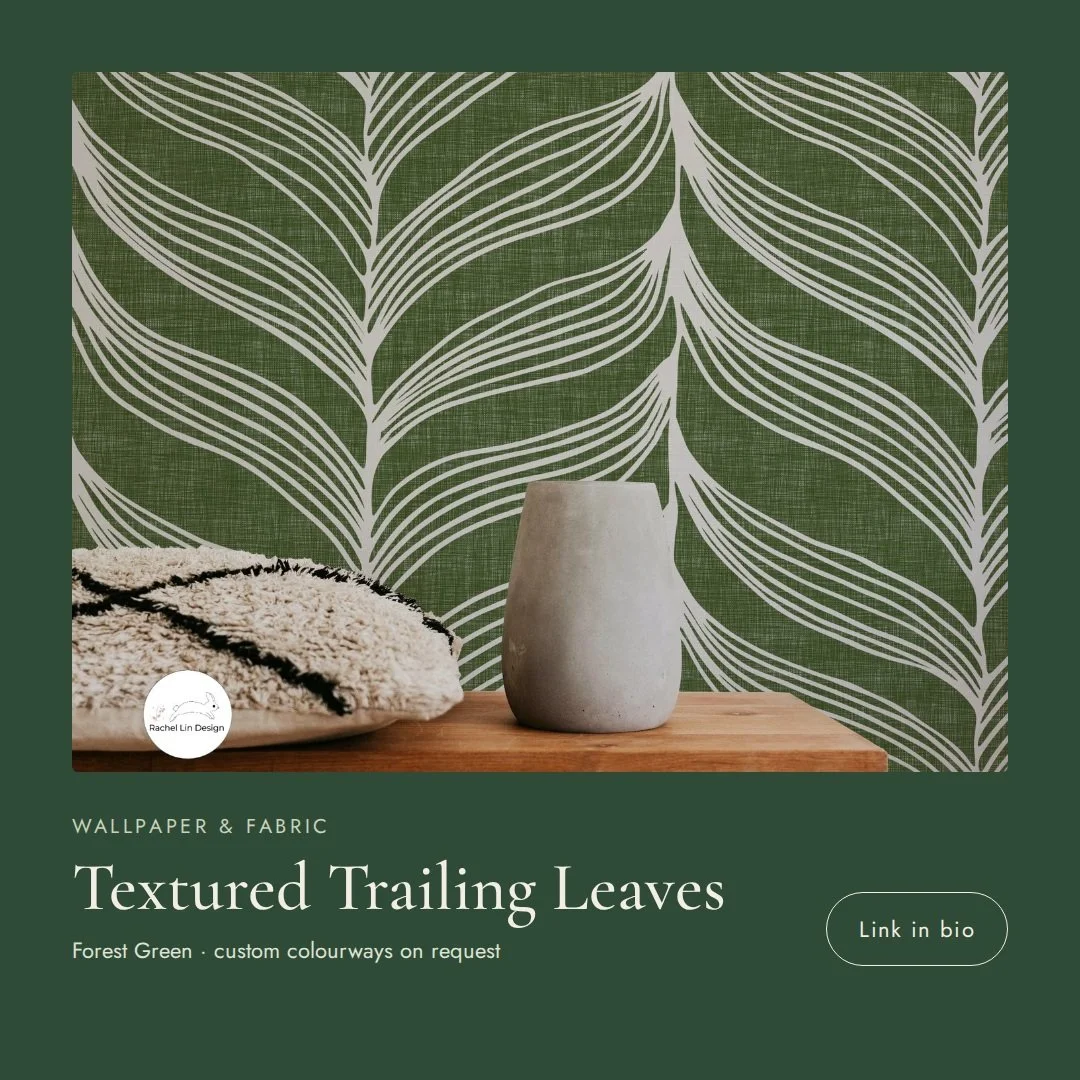 Up close, you can see the texture: soft linen-like grain under every trailing leaf.

Textured Trailing Leaves comes as wallpaper (peel-and-stick or traditional) and as fabric. Forest green not quite right for your room? I'm happy to make a custom col
