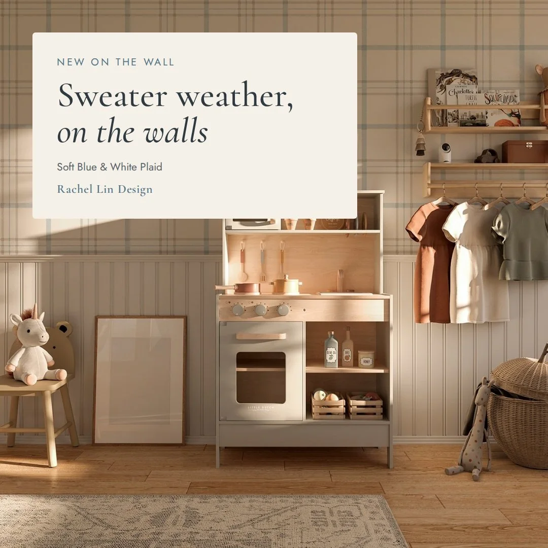 October means cozy sweaters, warm drinks and soft plaid everything.

Soft Blue &amp; White Plaid feels like a favourite flannel shirt for your walls: gentle blue and warm taupe lines on a creamy, linen-like background. It's calm and cozy, and lovely 