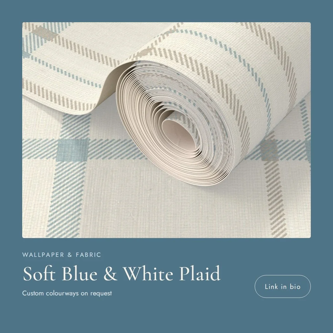 Up close, it looks just like a woven linen tea towel.

Soft Blue &amp; White Plaid comes as wallpaper (peel-and-stick or traditional) and as fabric. If the blue isn't quite right for your room, I'm happy to make a custom colourway in whatever shade y