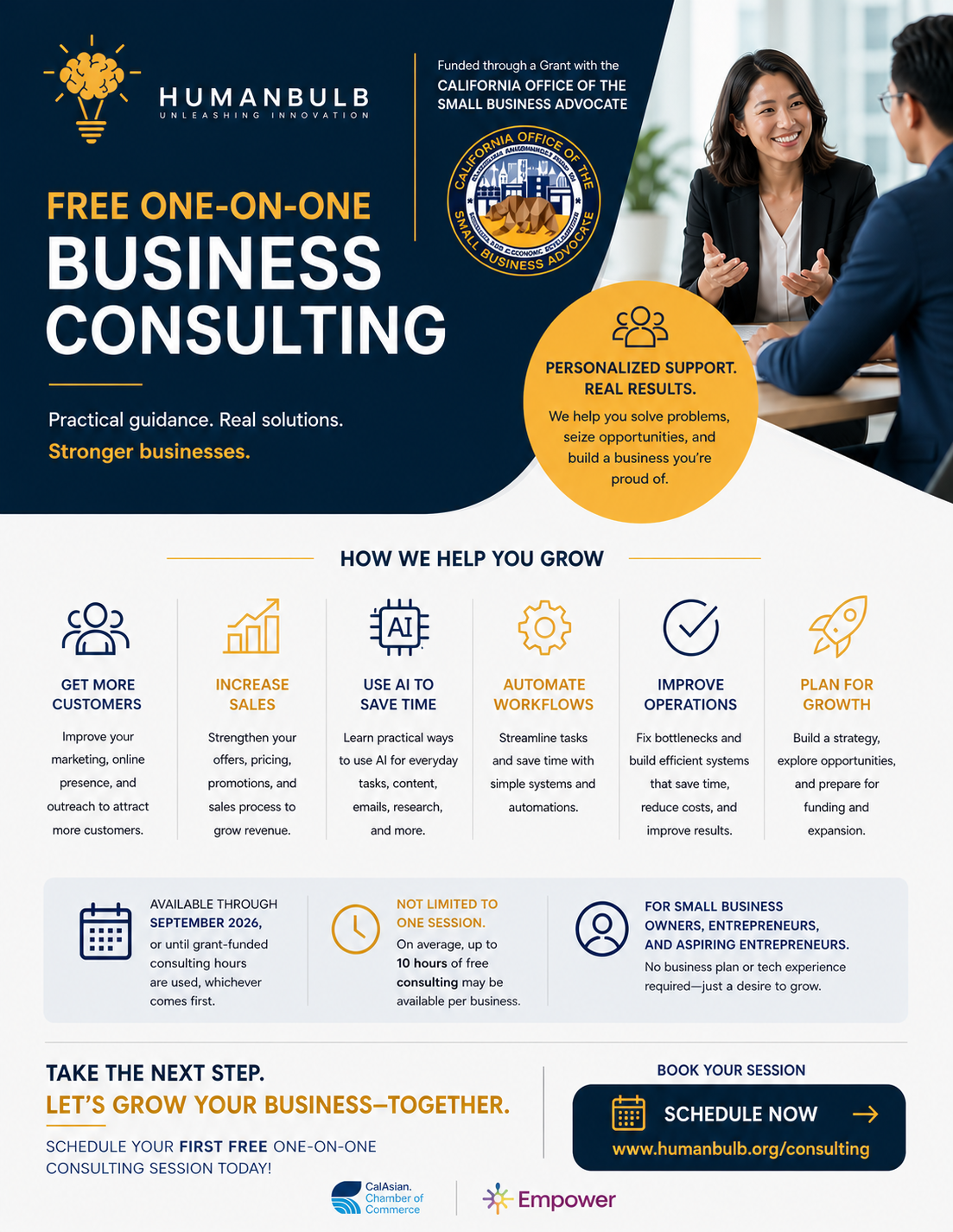 HUMANBULB Flyer about 1:1 Business Consulting Services Provided Free via a grant from the California Office of the Small Business Advocate