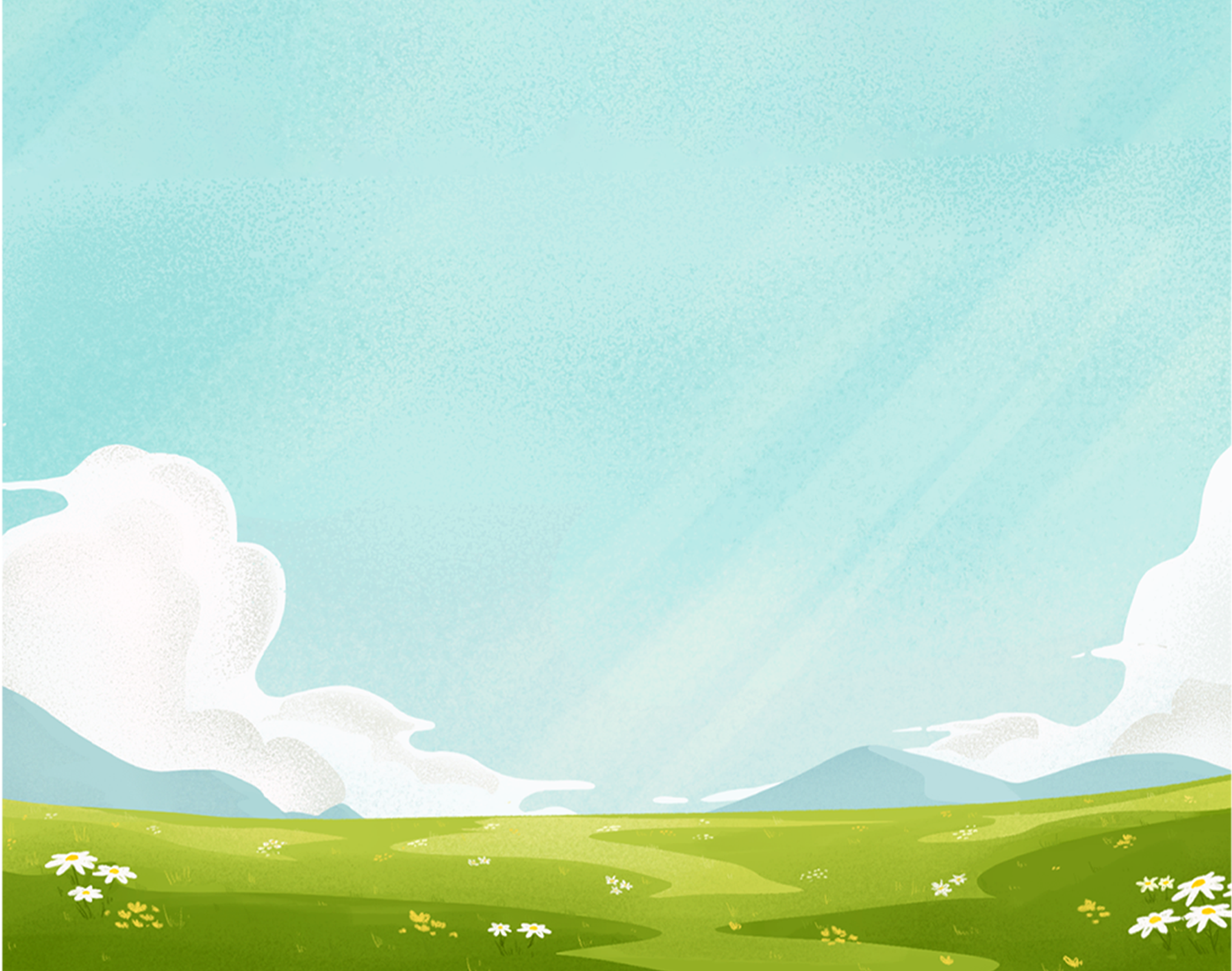 Hand-drawn tranquil landscape with rolling hills, flowers, and a peaceful sky