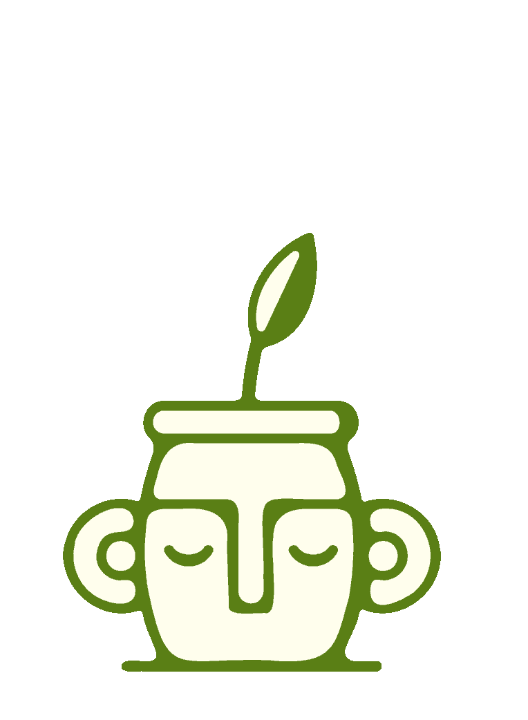Illustration of a face with closed eyes, a nose, and ears, with a small plant sprouting from the top of the head.