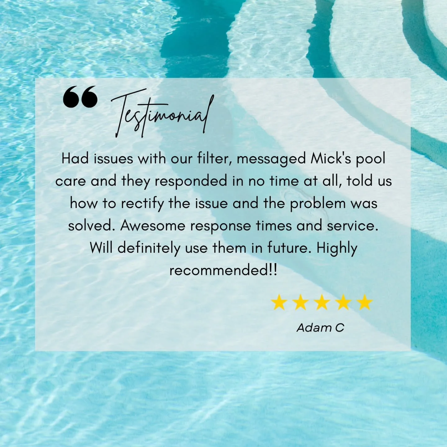 ⭐️⭐️⭐️⭐️⭐️

Testimonial Tuesday! 

We love hearing from our amazing customers! 

Your feedback helps our business improve and grow - and we couldn't be more grateful 🙏

#TestimonialTueaday
#supportlocal
#mickspoolcare
#BringingBlueToYou
