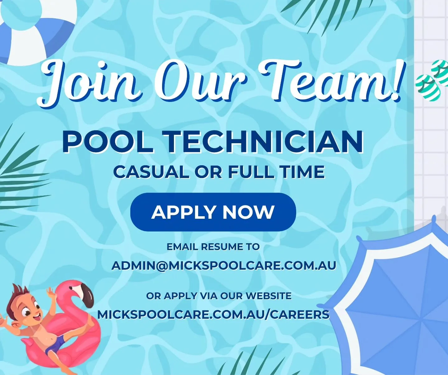 💦 Looking for your next career move? Join the team at Mick’s Pool Care! 💦
We’re a family-owned and operated business with a small, supportive team that takes pride in keeping local pools sparkling clean.
✅ No experience necessary &mda