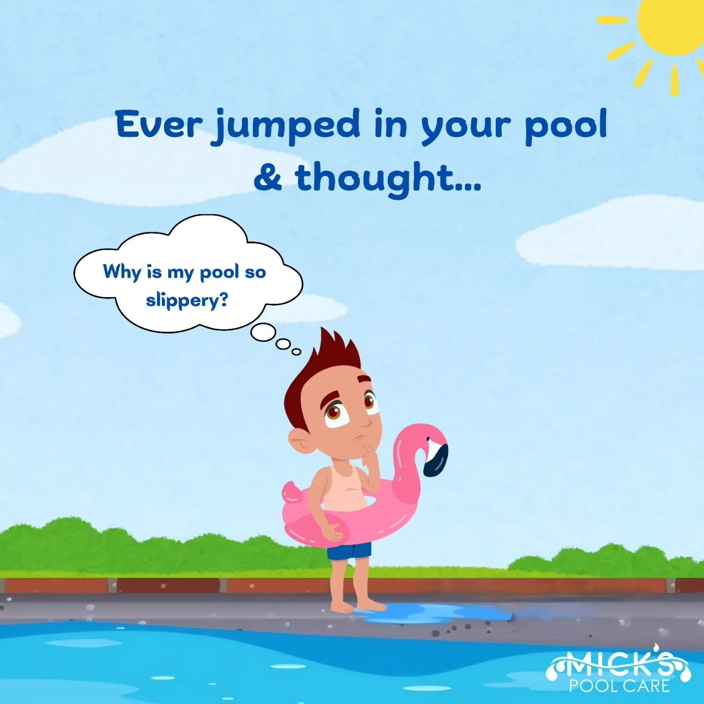 &quot;If your pool&rsquo;s feeling slipperier than an ice rink 🧊, it&rsquo;s usually algae or an imbalance in your water chemistry. 

The good news? We can fix that fast! 💦 

 #PoolTips #MicksPoolCare #BringingBlueToYou #PoolCare101 #PoolMaintenanc
