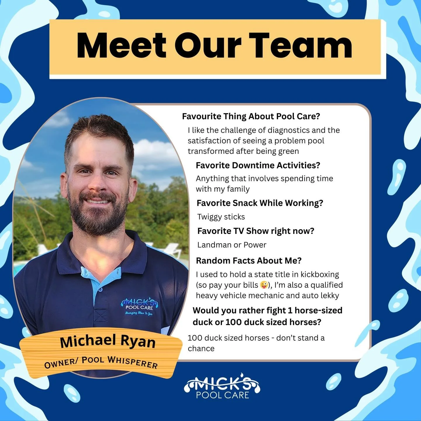 Get To Know The Team Behind Micks Pool Care 💙 

A small, family owned business where attention to detail, customer service, and high-quality results matter &mdash; in the office, on-site, and everywhere in between.