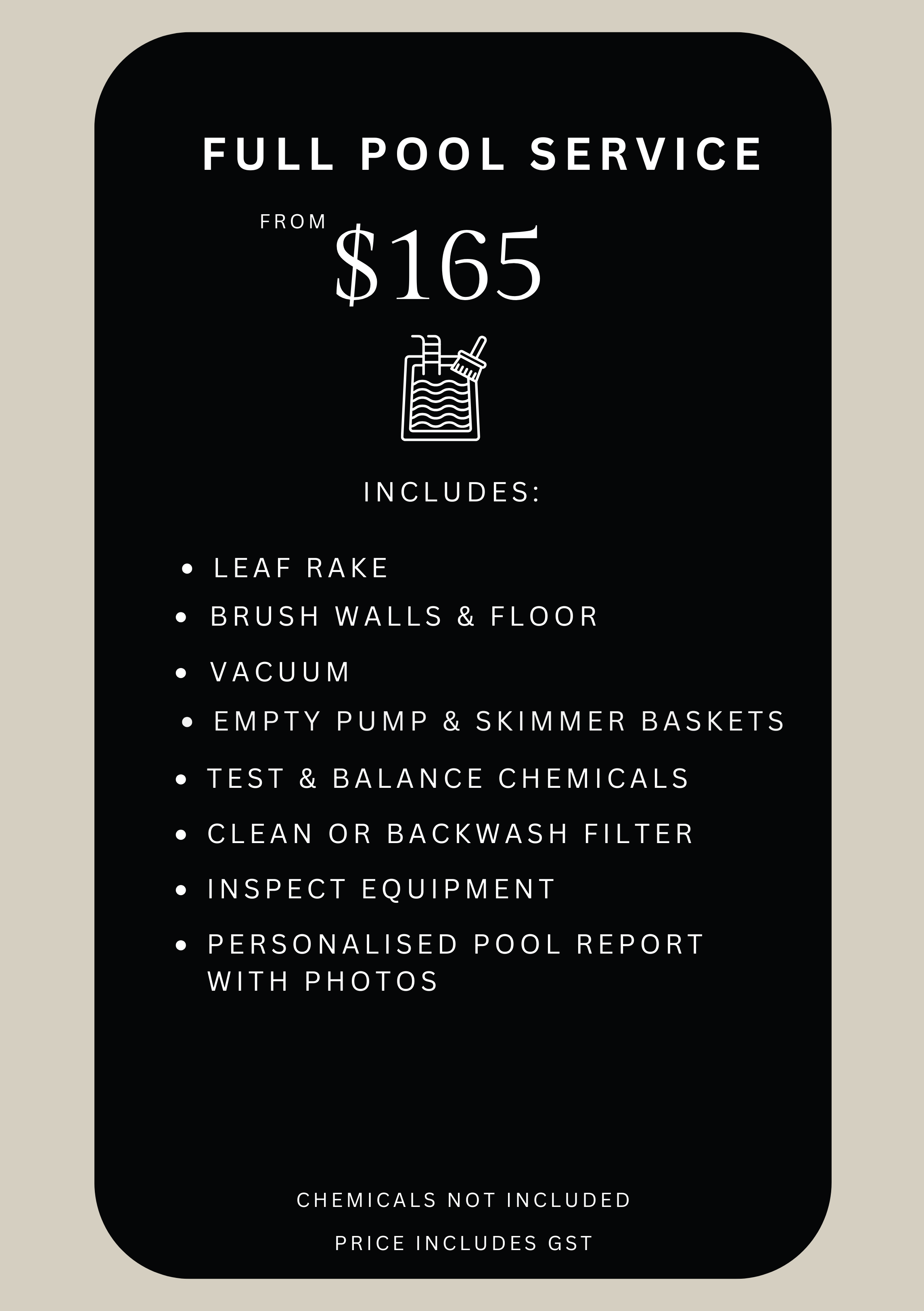 Pool cleaning service advertisement with price starting at $165, including equipment and chemicals, on a black background.