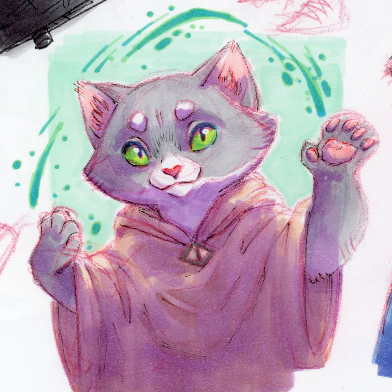 A cartoony cat in a cloak spreading magic