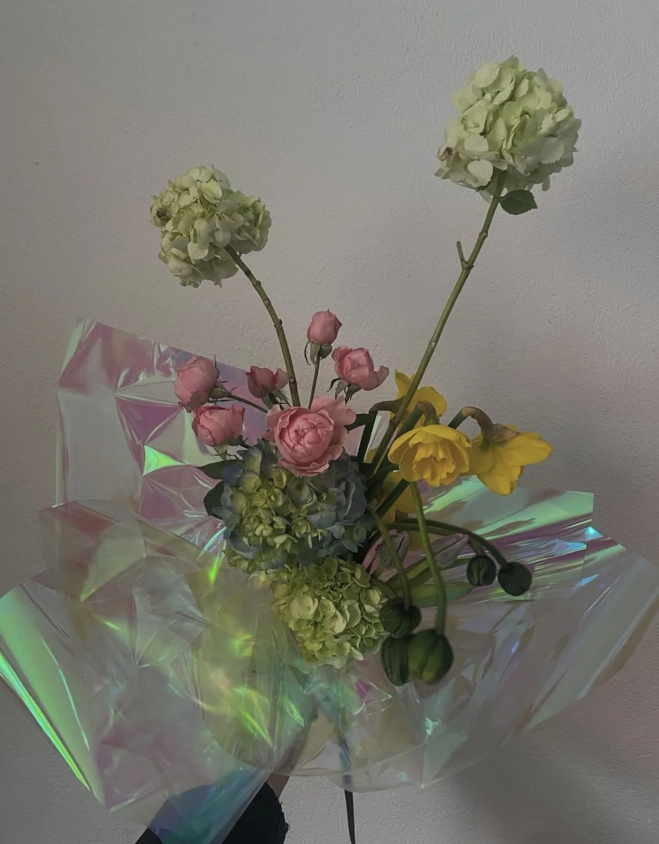 Custom Honey Honey bouquet featuring hydrangea, giant poppies, daffodils and cluster roses