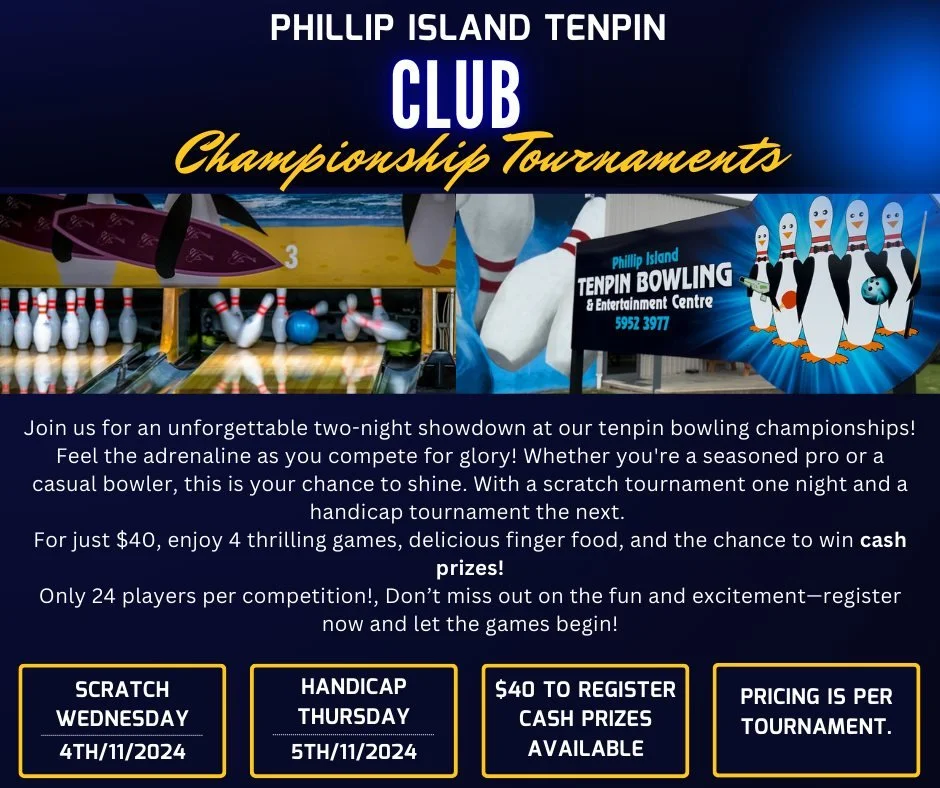 CALLING ALL LEAGUE BOWLERS

Join us for an unforgettable two-night showdown at our tenpin bowling championships! Feel the adrenaline as you compete for glory! Whether you're a seasoned pro or a casual bowler, this is your chance to shine. With a scra
