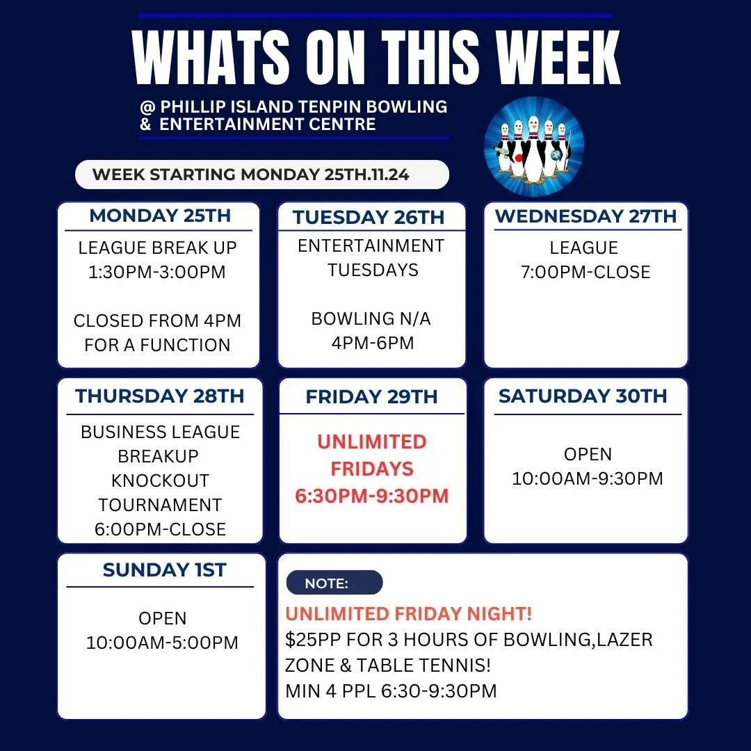 Whats on this week at Phillip Island Tenpin Bowling and Entertainment Centre, please note that there are no lanes available on Monday and Tuesday from 4pm-6pm.

Additionally, don't miss out on the unlimited Fridays! you can enjoy 3 hours of unlimited