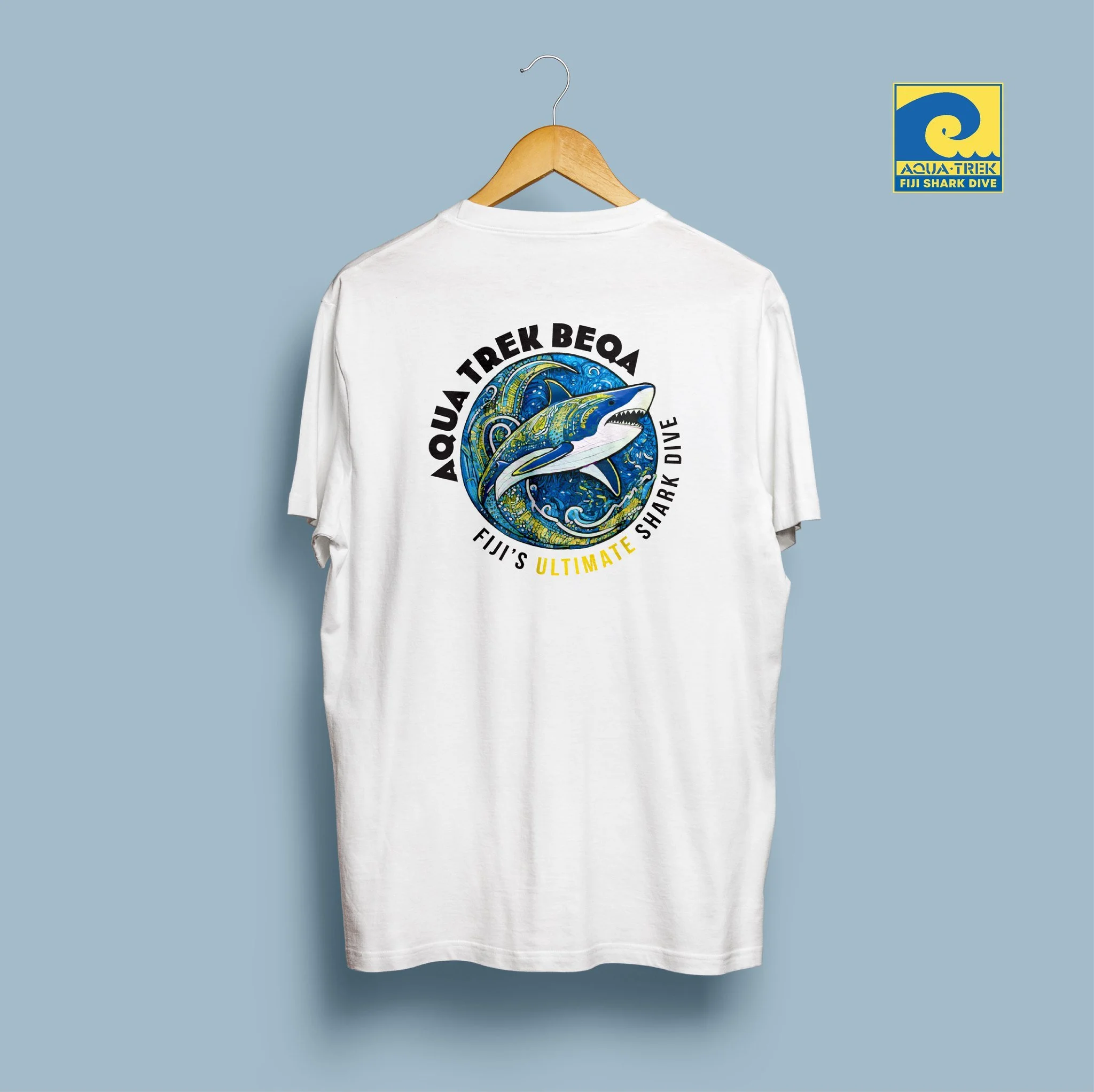 Check out our brand new ultimate shark dive shirts!! 🦈🩵 You can buy one at the dive shop, or order shirts, hats, other apparel and merch in our new online shop at https://www.aquatrek.com/shop#!/ 

#aquatrekbeqa #aquatrek #beqa #fijisharkdive #shar