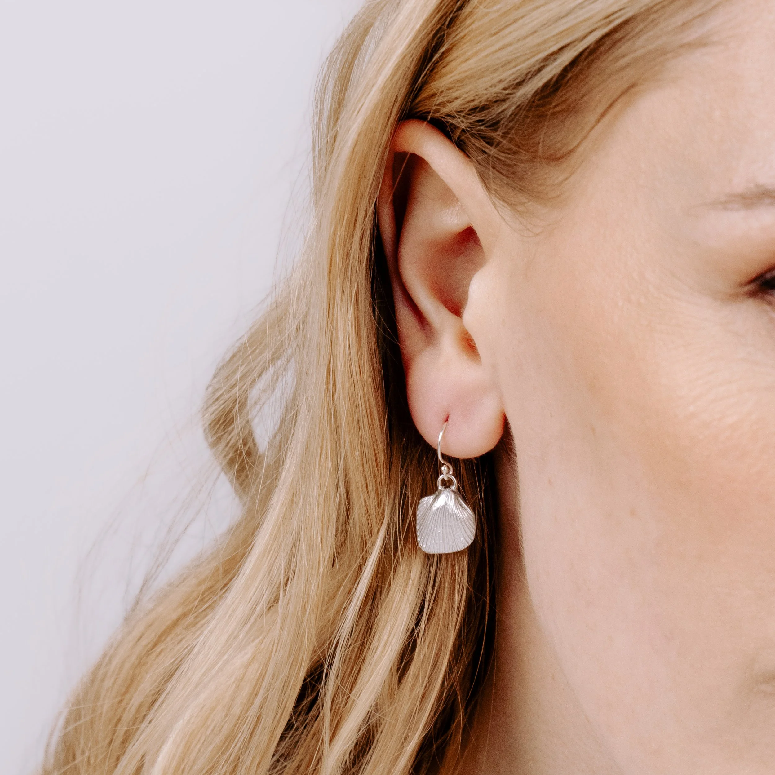 Sterling silver cockle shell drop earrings with detailed textured shells and polished finish, hanging from simple hook wires.