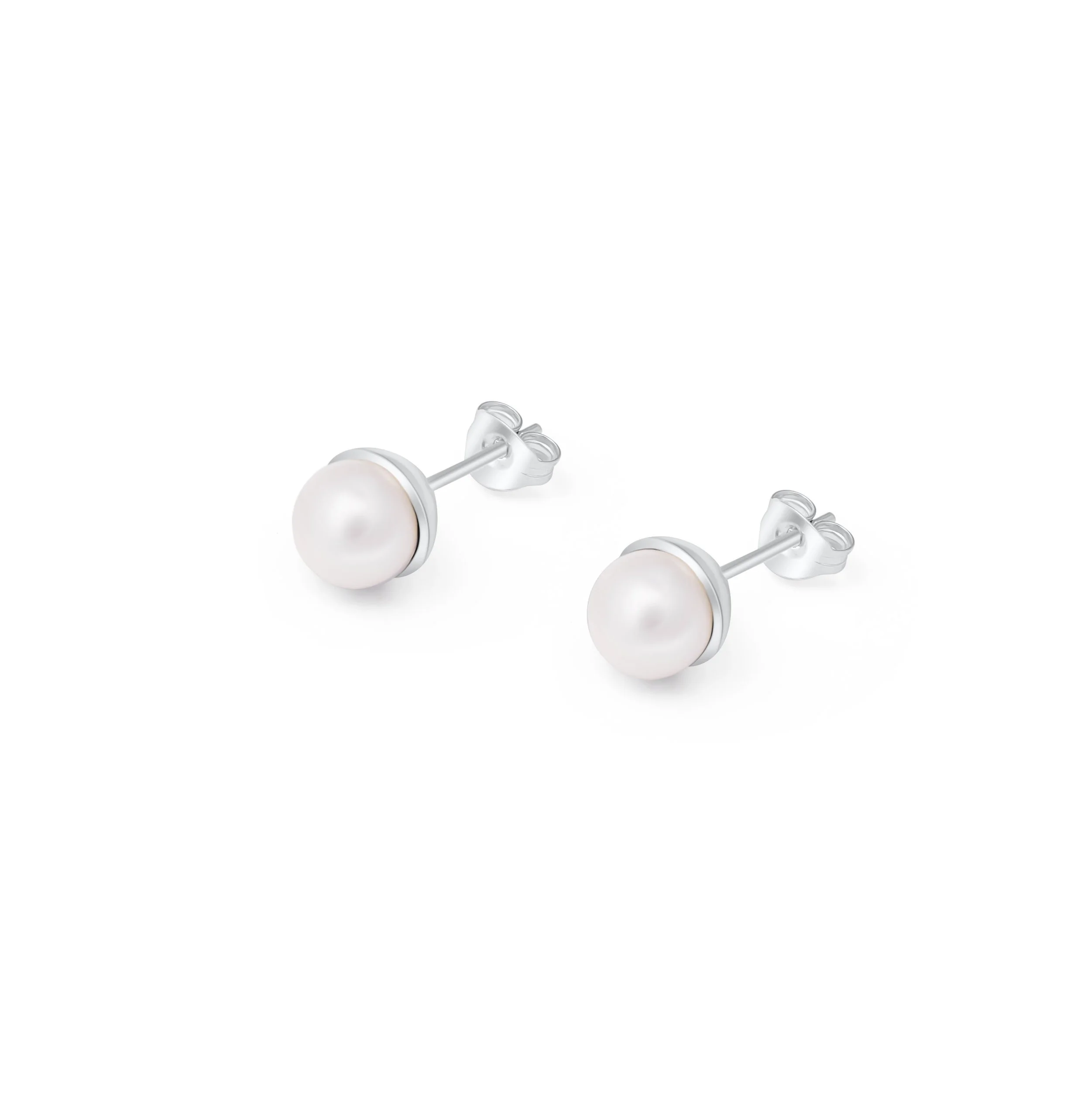 Round ivory freshwater pearl stud earrings with smooth lustrous finish set in handcrafted sterling silver cups with ear post and scroll backs.