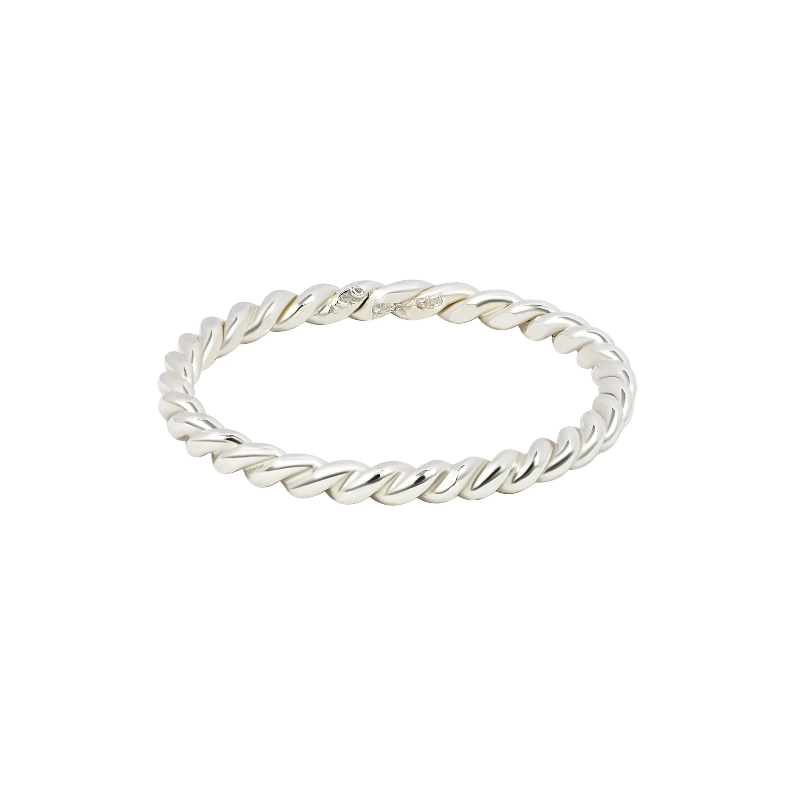 Delicate 9ct white gold twist stacking ring with a polished rope design, ideal for layering or wearing as a minimalist band.