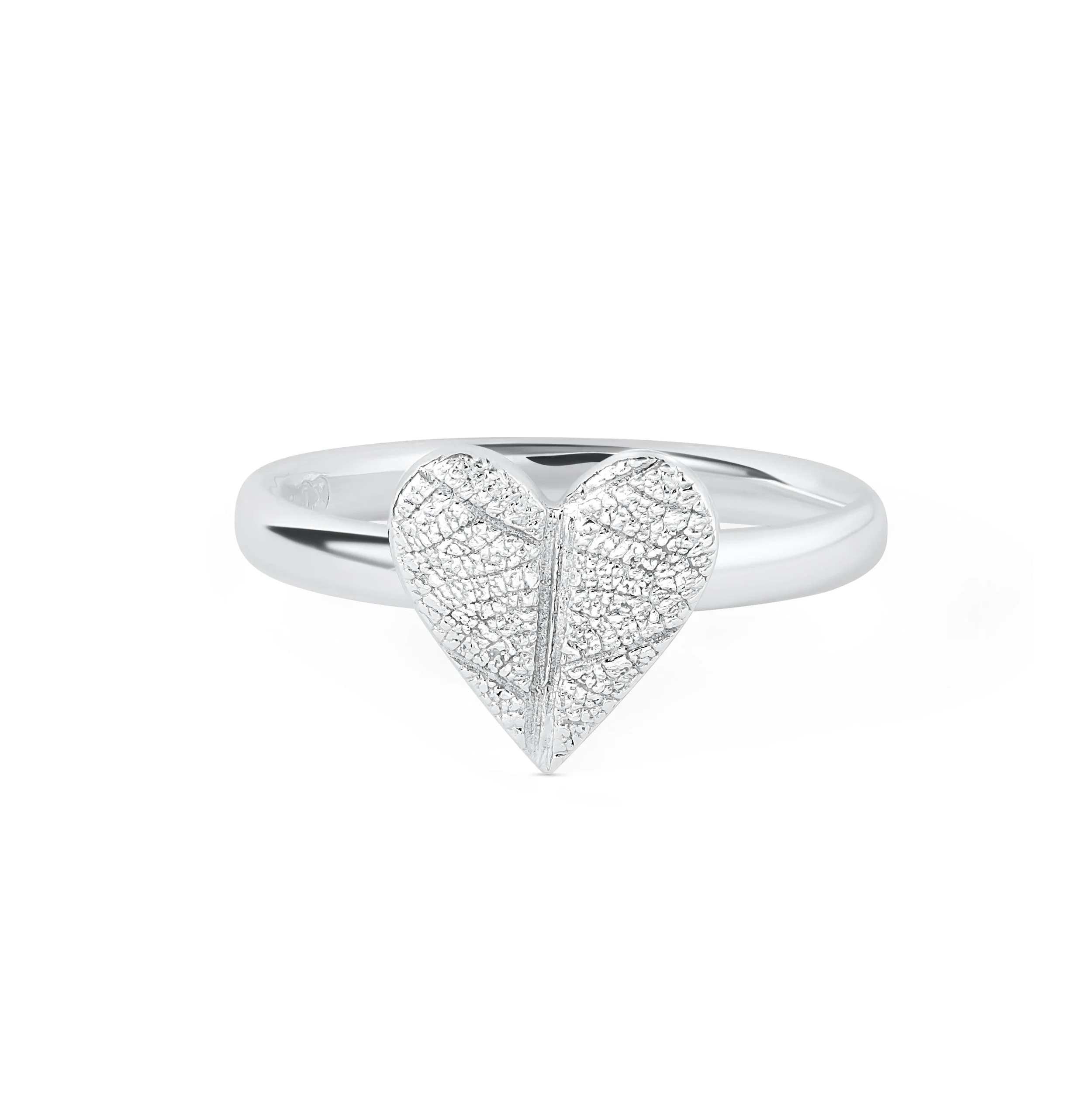 Silver Leaf Print Heart Ring