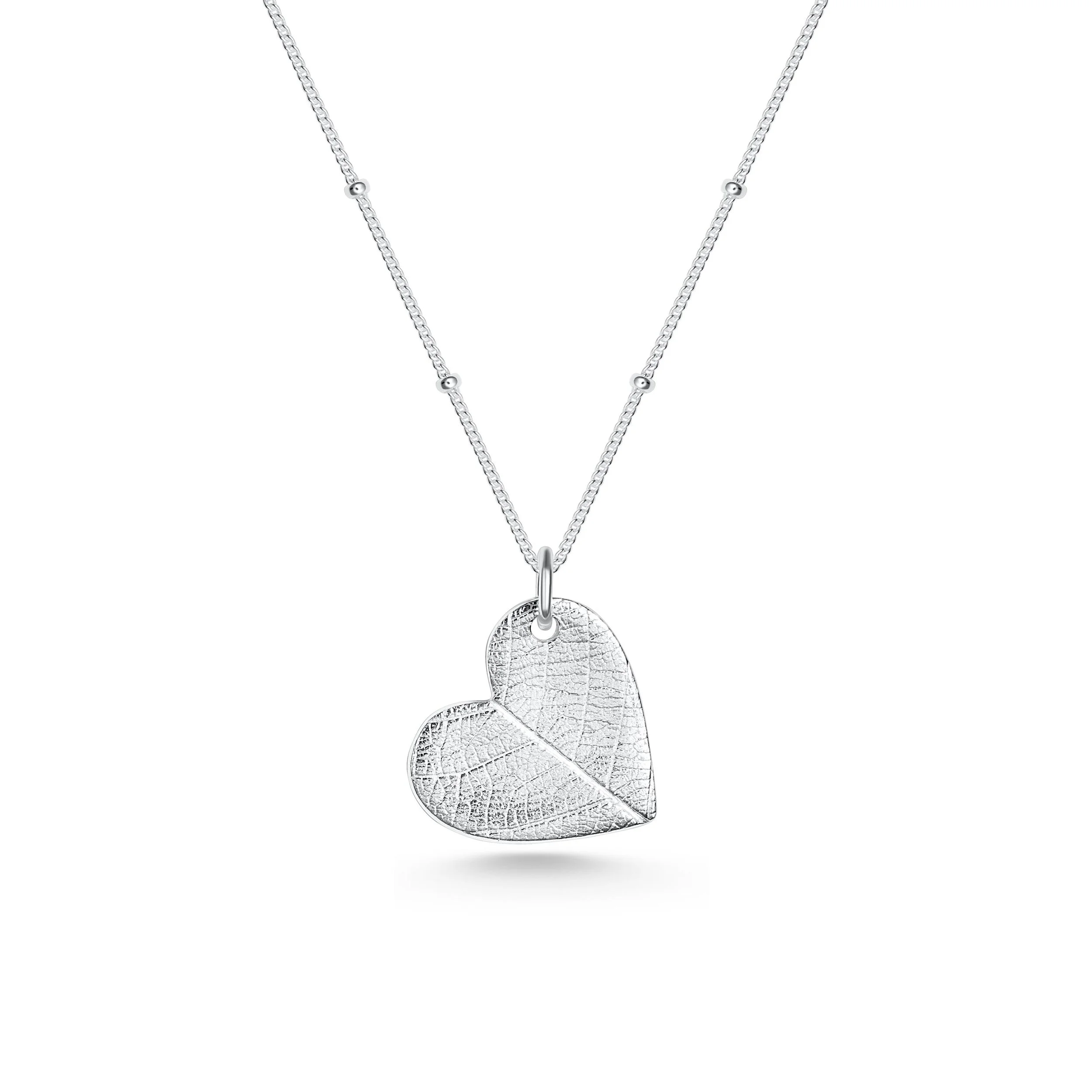 Silver Heart Leaf Print Pendant