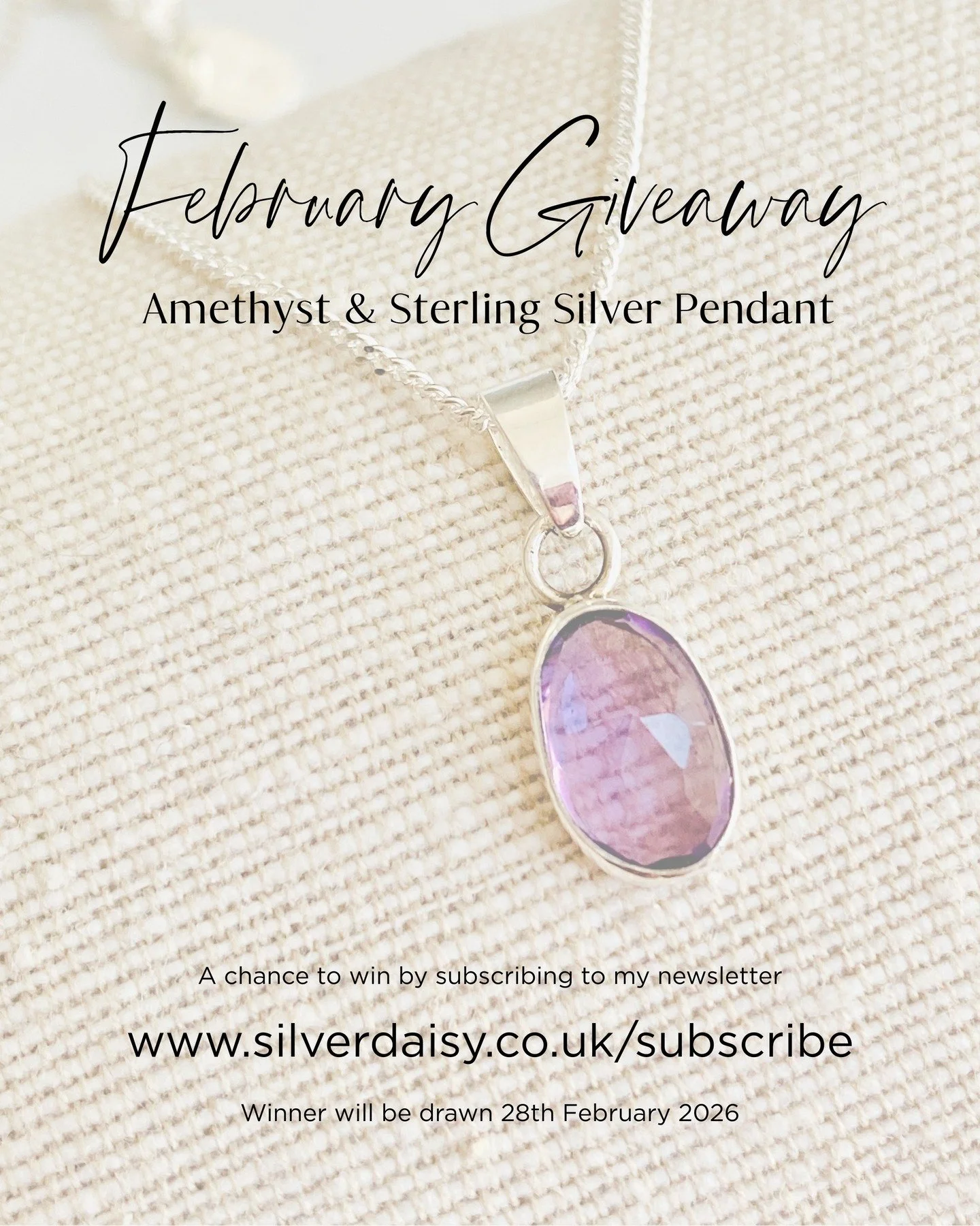 🌟 FEBRUARY GIVEAWAY 🌟

Would you like a chance to win this handmade Amethyst &amp; Sterling Silver Pendant by Silver Daisy?

All you need to do is subscribe to my newsletter on my website to be in the prize draw. 

All subscribers will also receive