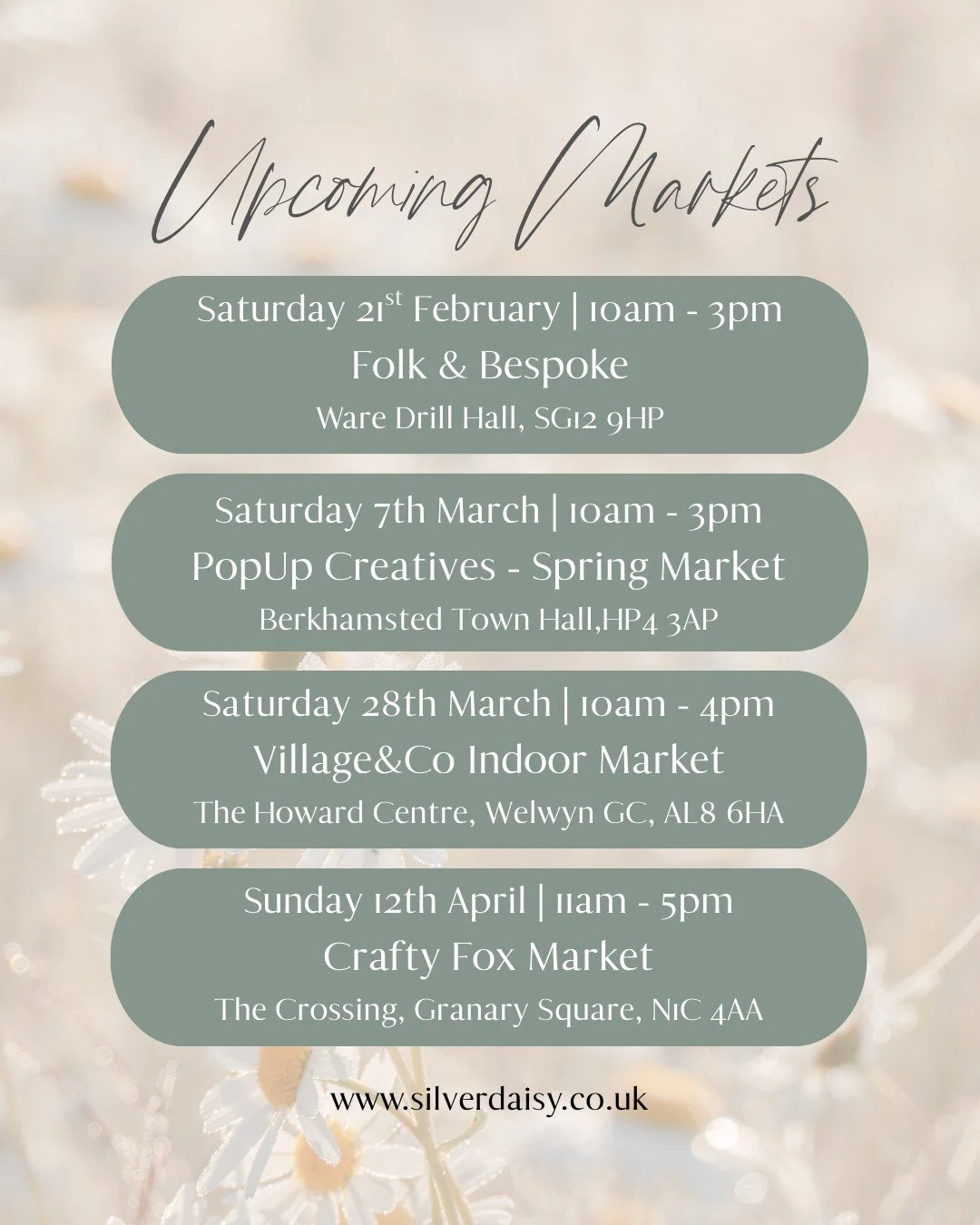 ✨📣 UPCOMING MARKETS💍 ✨

There are lots of exciting events panned for Silver Daisy over the coming months... but here's just a few dates to add to your diary. 

I'll be bringing along my handmade silver jewellery collections, inspired by nature and 