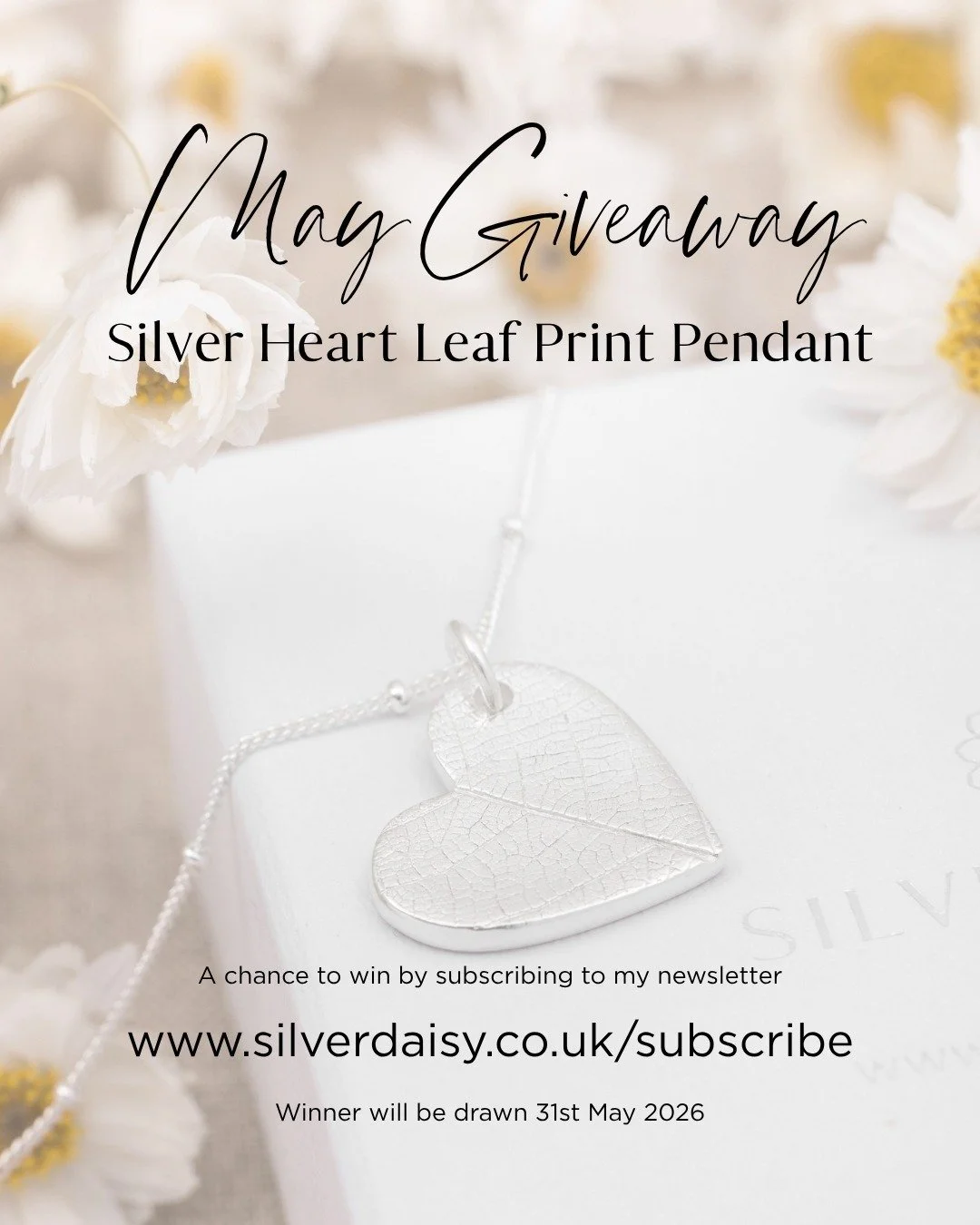 🌟 MAY GIVEAWAY 🌟

Would you like a chance to win this handmade Silver Heart Leaf Pendant by Silver Daisy?

All you need to do is subscribe to my newsletter on my website to be in the prize draw.

All subscribers will also receive 10% off their firs