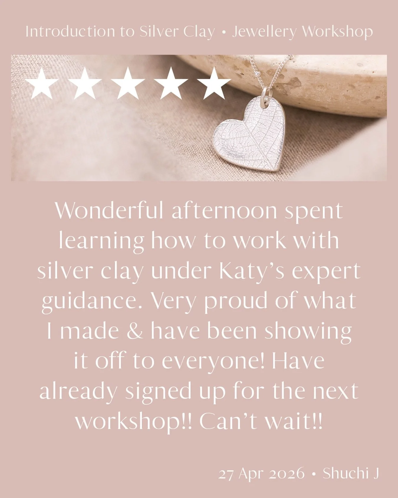 We love to get feedback!

It&rsquo;s such a joy to know that a few creative hours in the studio can leave someone feeling proud, inspired, and excited to come back.

Tag someone who would love to try jewellery making with you!

Book your place via th