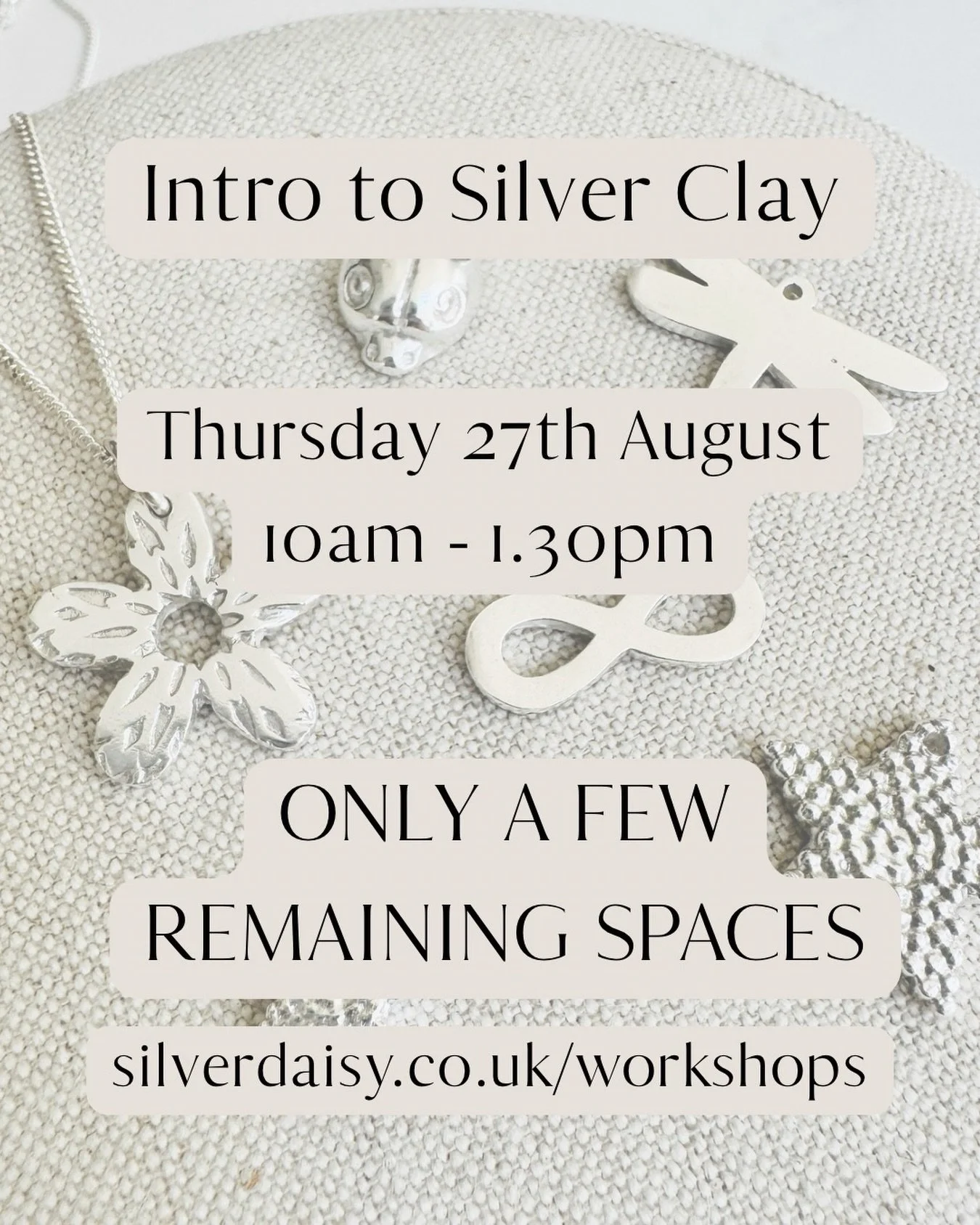 Only a few spaces left on our next Intro to Silver Clay Workshop on Thursday 27th August 10am - 1.30pm. Suitable for all ages 12 and over.

Get in quick to bag your space at silverdaisy.co.uk/workshops, or DM if you have any questions.

#silverclaywo