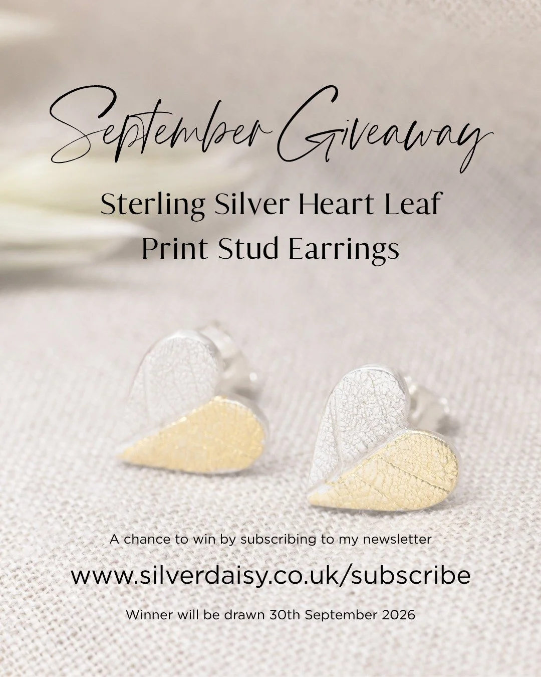 Win a pair of Sterling Silver Heart Leaf Print Stud Earrings...

These handmade studs feature a crisp leaf‑print design in gorgeous  mixed metal silver and gold tones - a simple, elegant everyday pair.

Subscribe to the Silver Daisy newsletter during