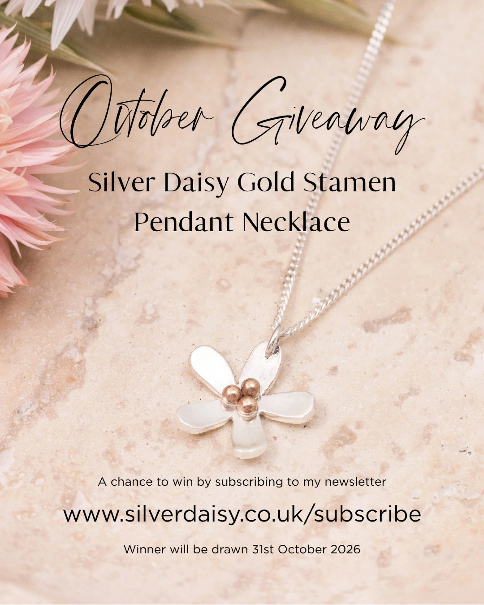 OCTOBER GIVEAWAY! 

This month, one of my newsletter subscribers will win this beautiful Silver Daisy Gold Stamen Pendant Necklace.

Inspired by the simple beauty of the daisy, the pendant combines silver petals with warm gold details at its centre -