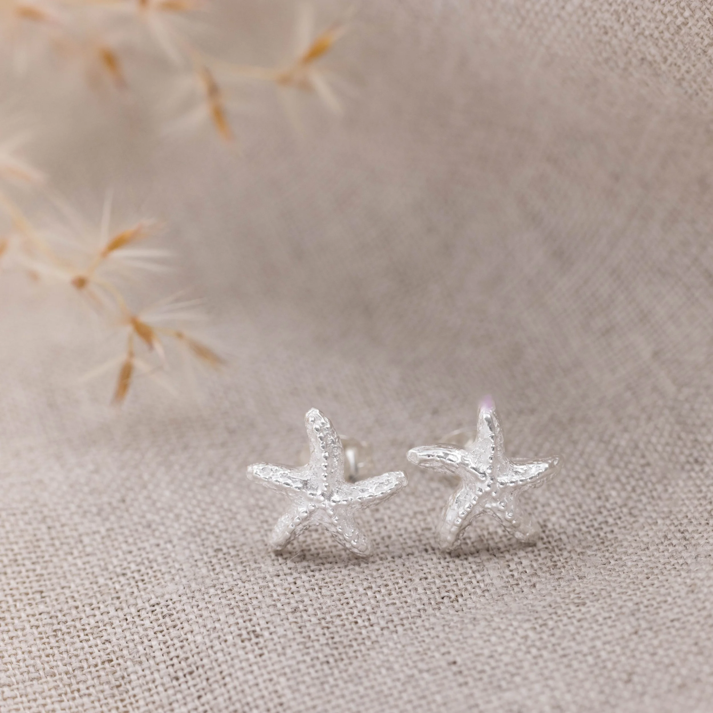 Silver starfish stud earrings with textured detailing and polished finish, part of the Silver Daisy Coastal Collection.