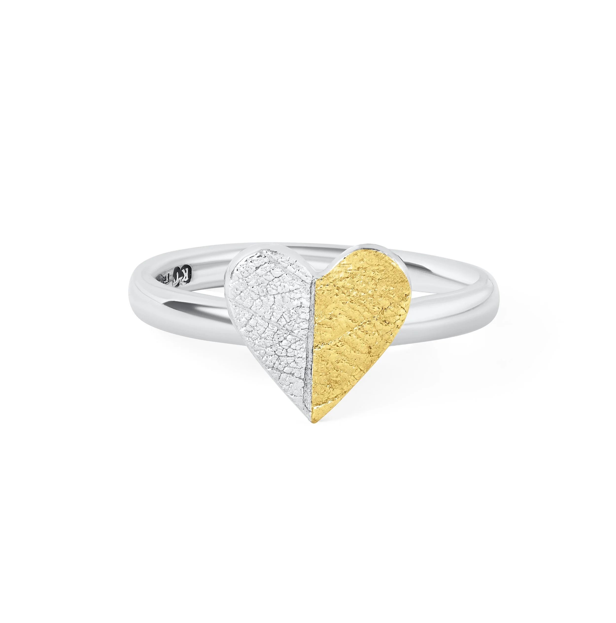 Sterling silver heart-shaped ring with textured leaf pattern and 24ct gold Keum Boo detailing on a polished band.