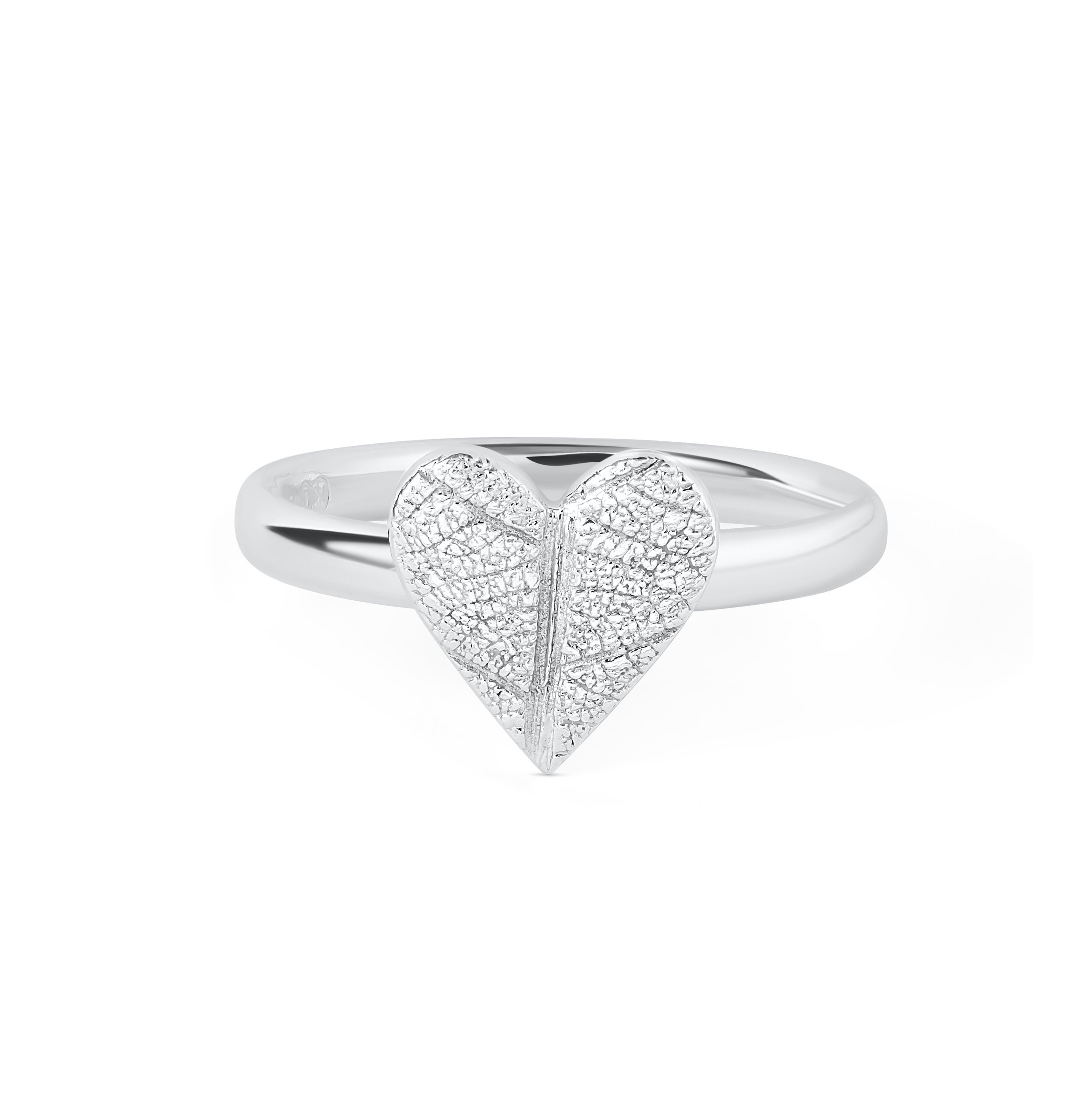 Sterling silver heart-shaped ring with delicate pressed leaf pattern on a polished band.