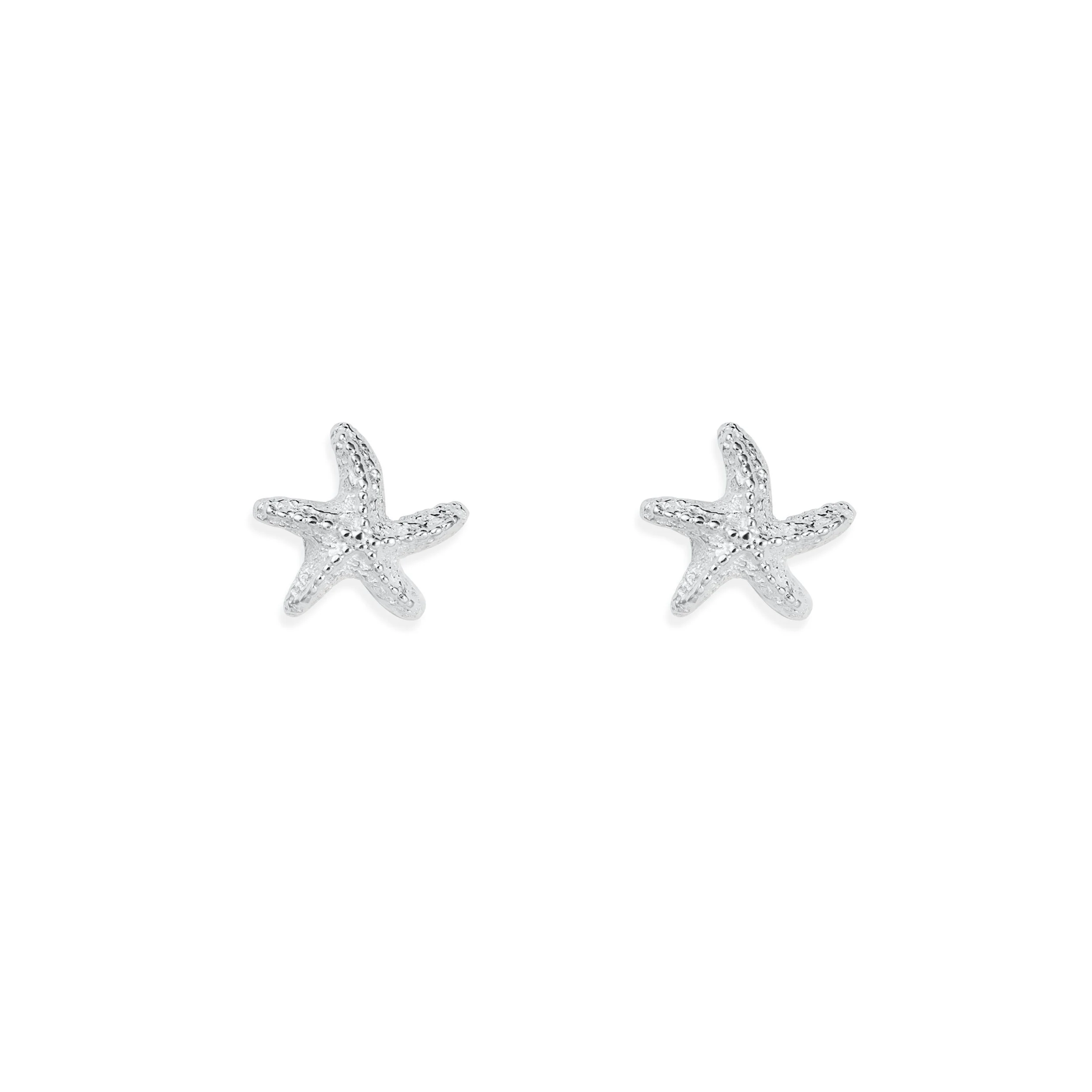 Silver starfish stud earrings with textured detailing and polished finish, part of the Silver Daisy Coastal Collection.
