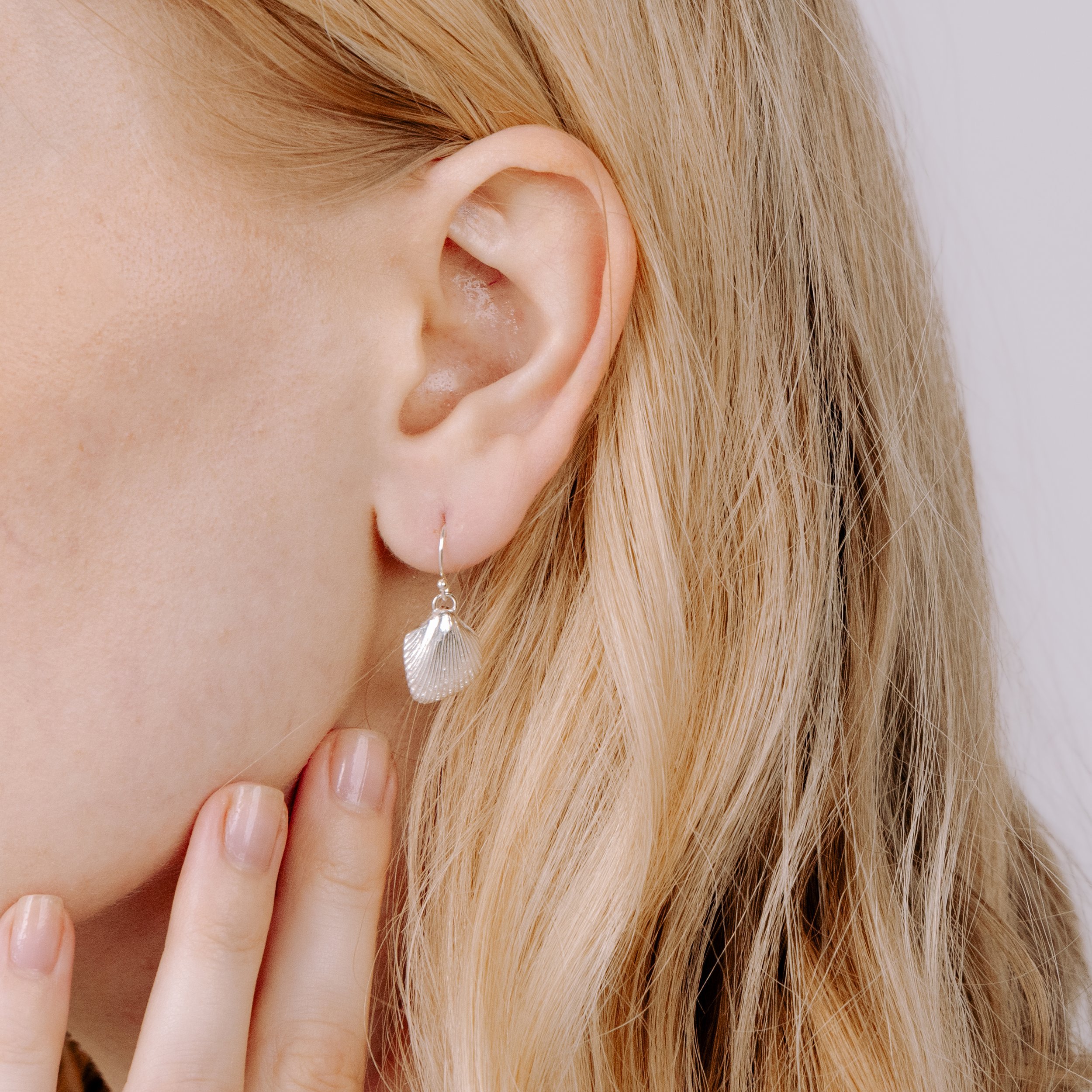 Sterling silver cockle shell drop earrings with detailed textured shells and polished finish, hanging from simple hook wires.