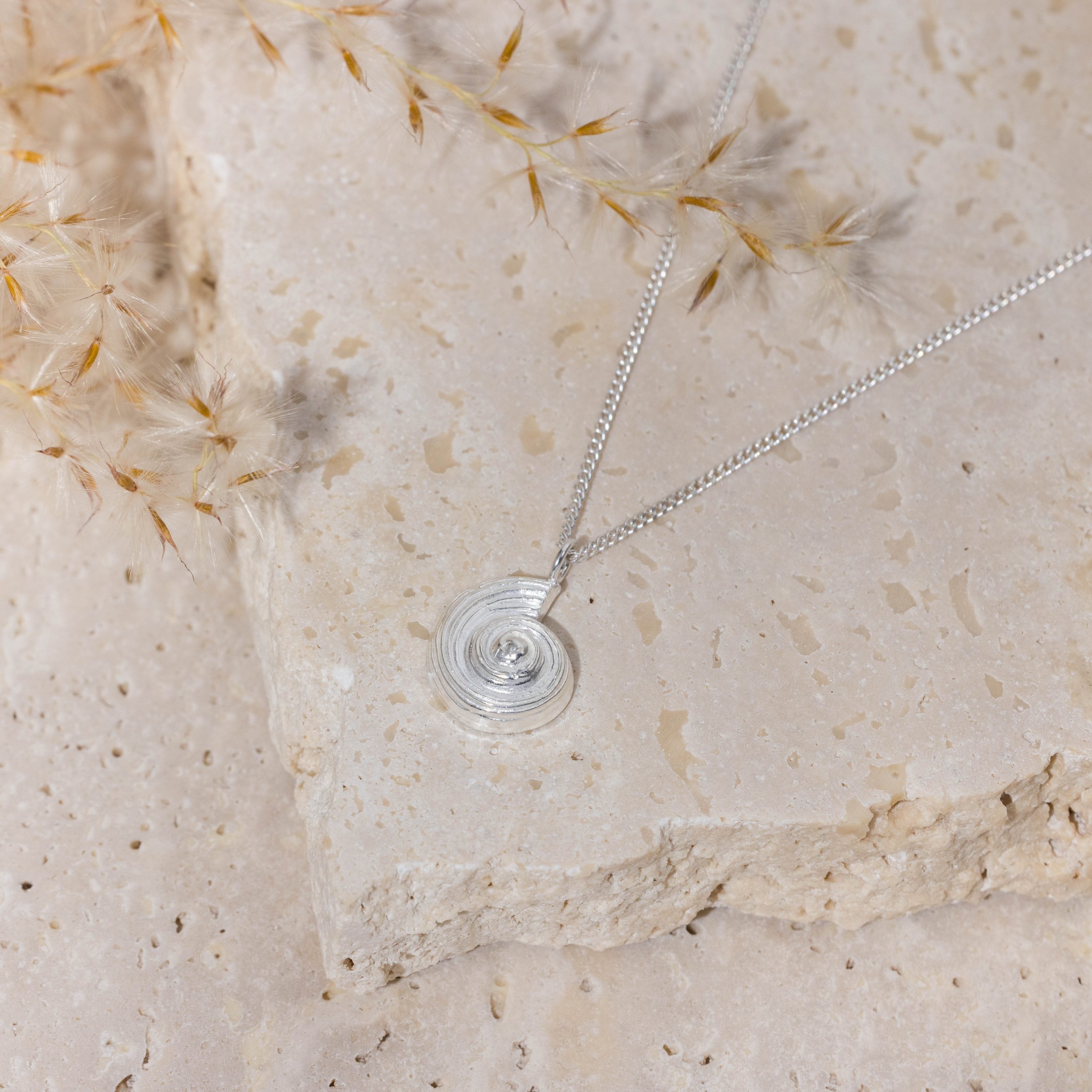 Sterling silver pendant necklace with a detailed fossil ammonite design on a fine chain, inspired by coastal and seaside jewellery.