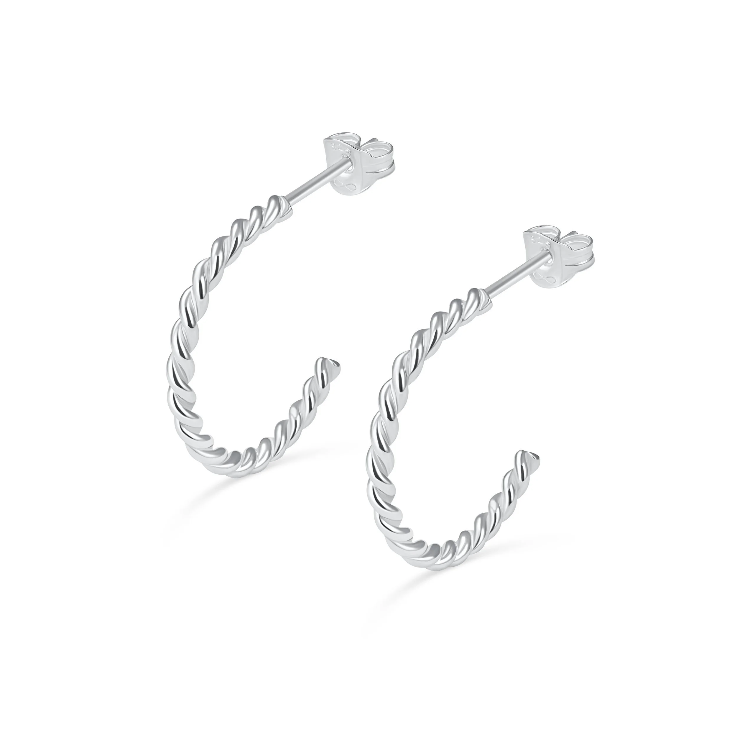 Polished sterling silver twist hoop earrings with a textured spiral design, lightweight and elegant for everyday wear.