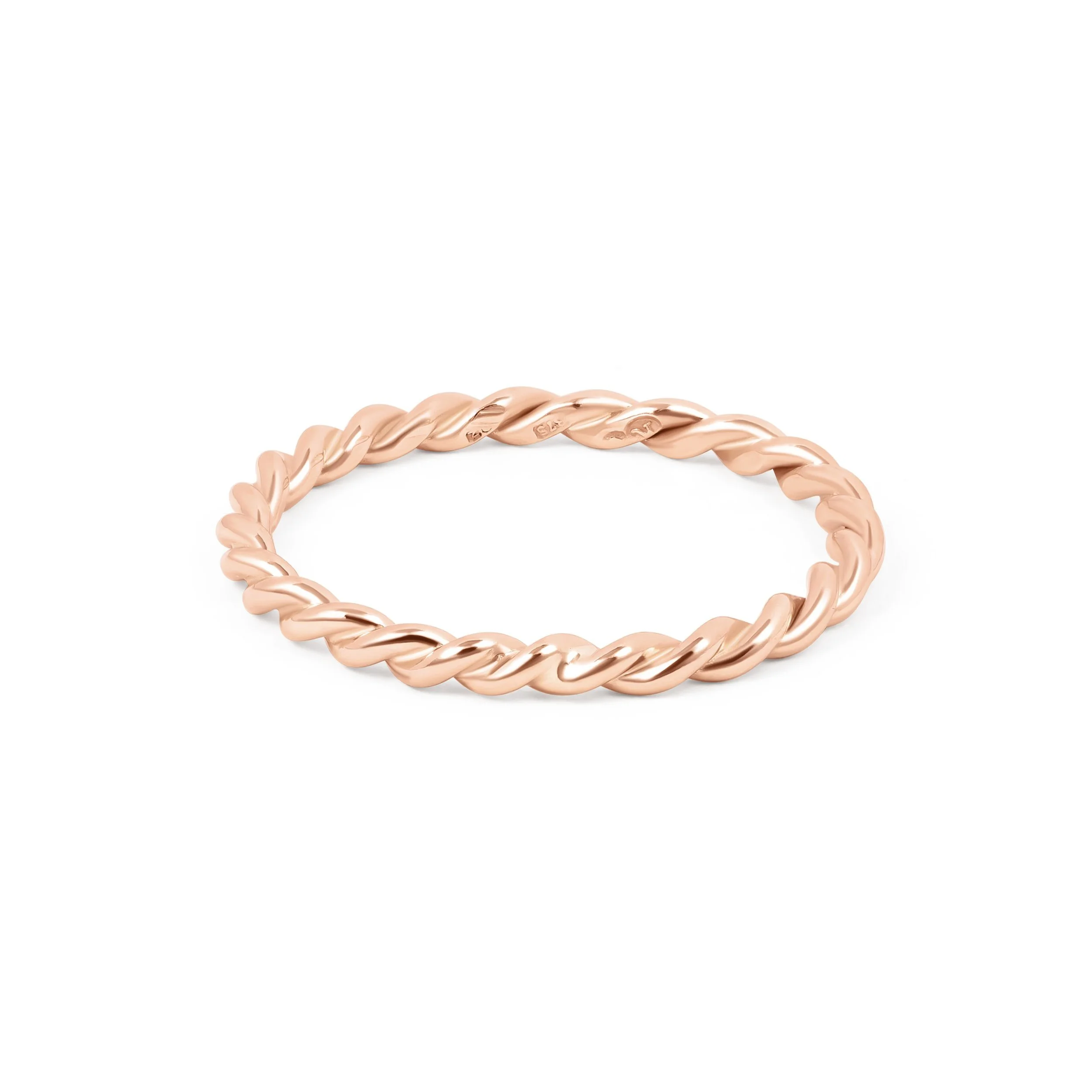 Delicate 9ct rose gold stacking ring with a twisted rope design, polished finish, ideal for layering or wearing as a minimalist band.