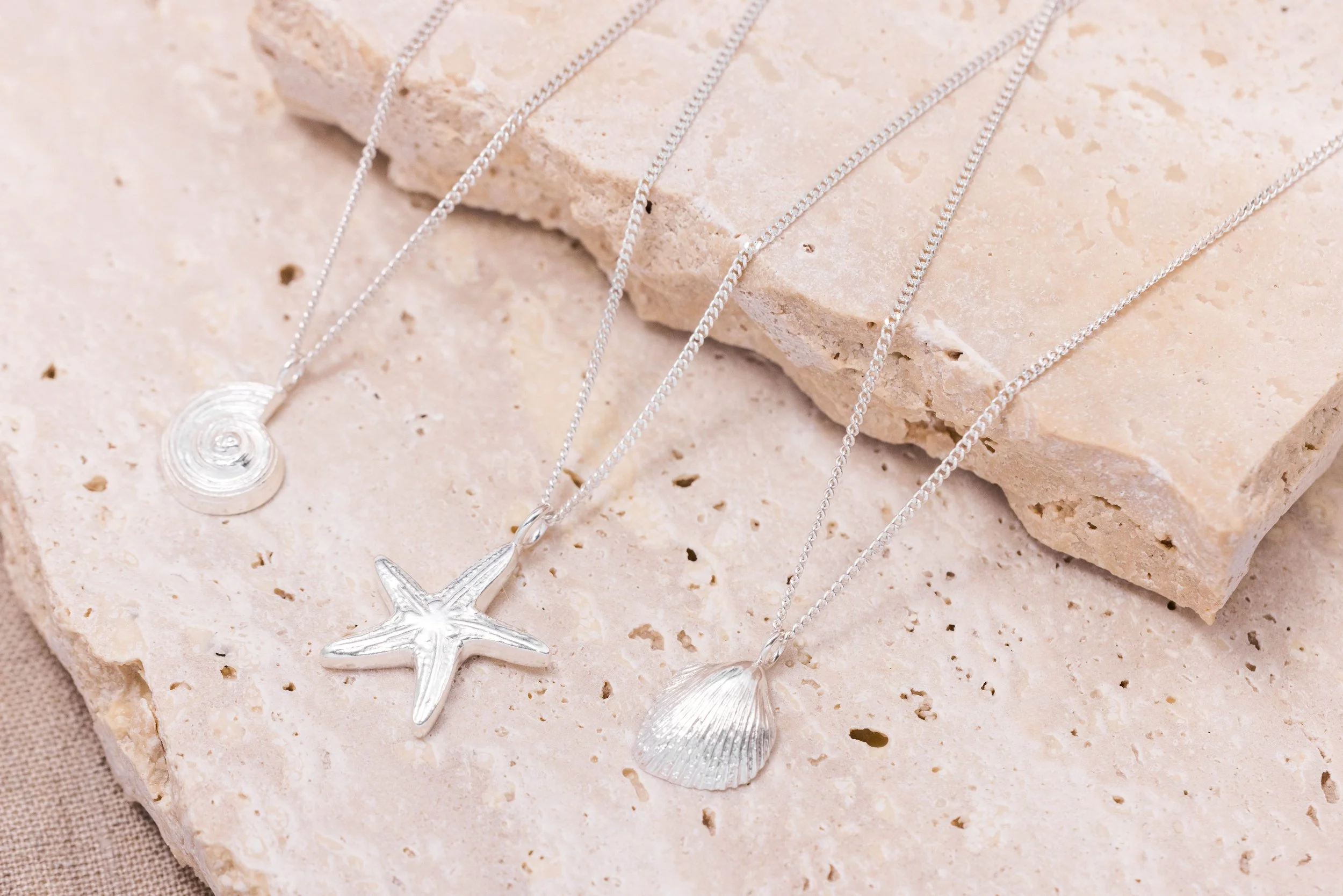 Sterling silver cockle shell pendant necklace with fine detailing on a delicate silver chain, inspired by coastal beachcombing.