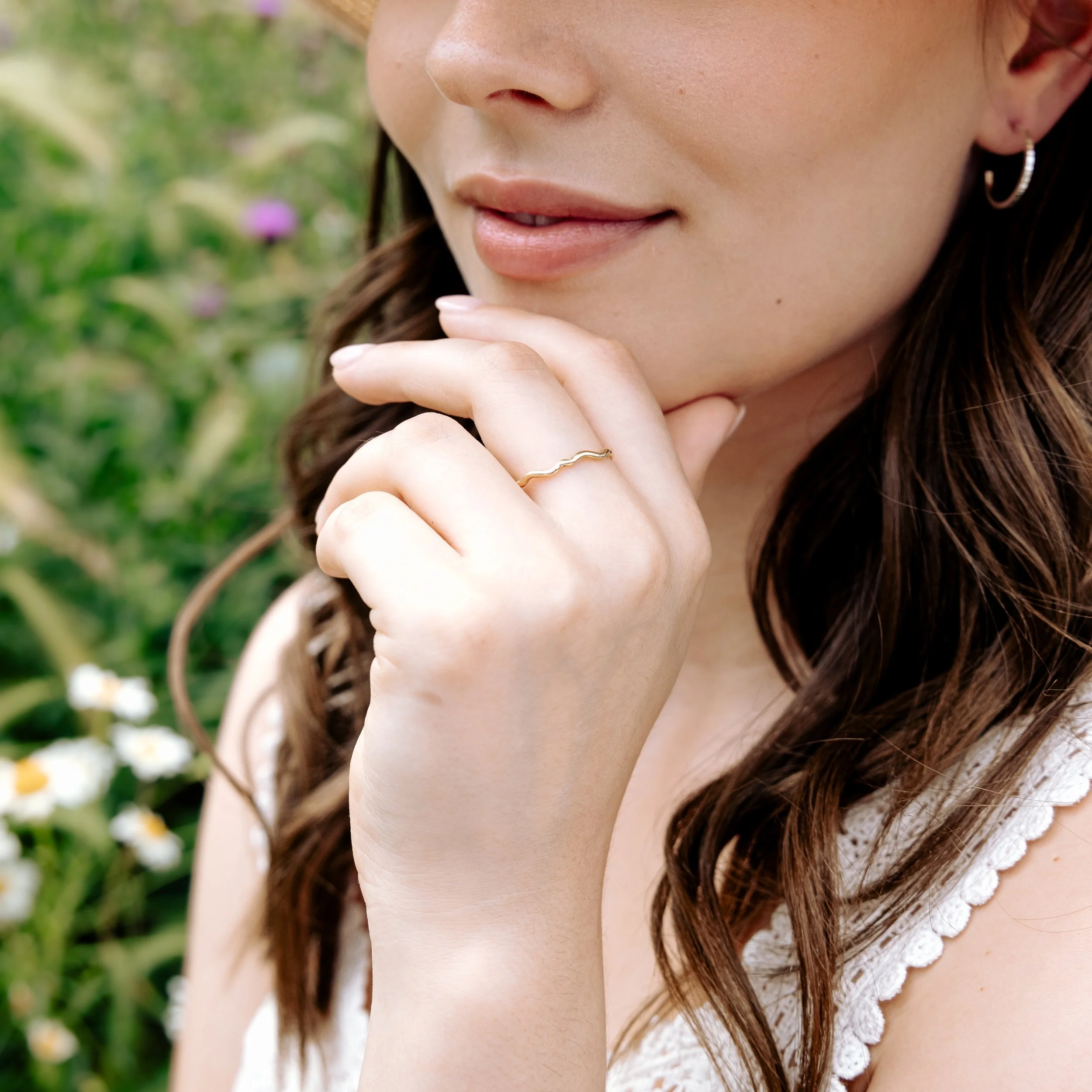 9ct yellow gold scallop-edge stacking ring with polished finish, delicate lightweight band for layering or everyday wear.
