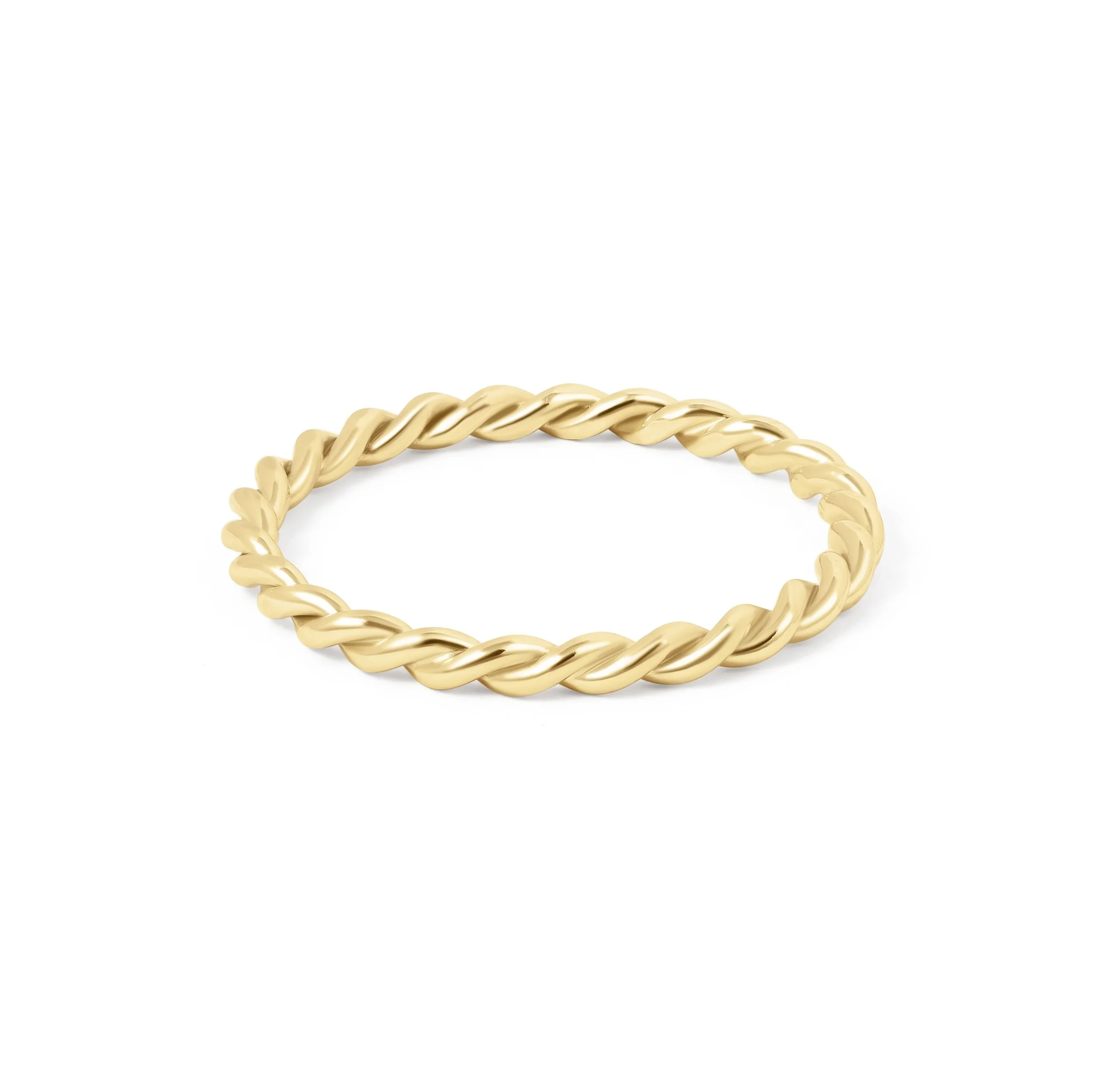Delicate 9ct yellow gold twist stacking ring with a polished rope design, perfect for layering or wearing as a minimalist band.